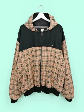 90's Y2K Plaid Check Oversized Lightweight Bomber Jacket with Hood - size XXL