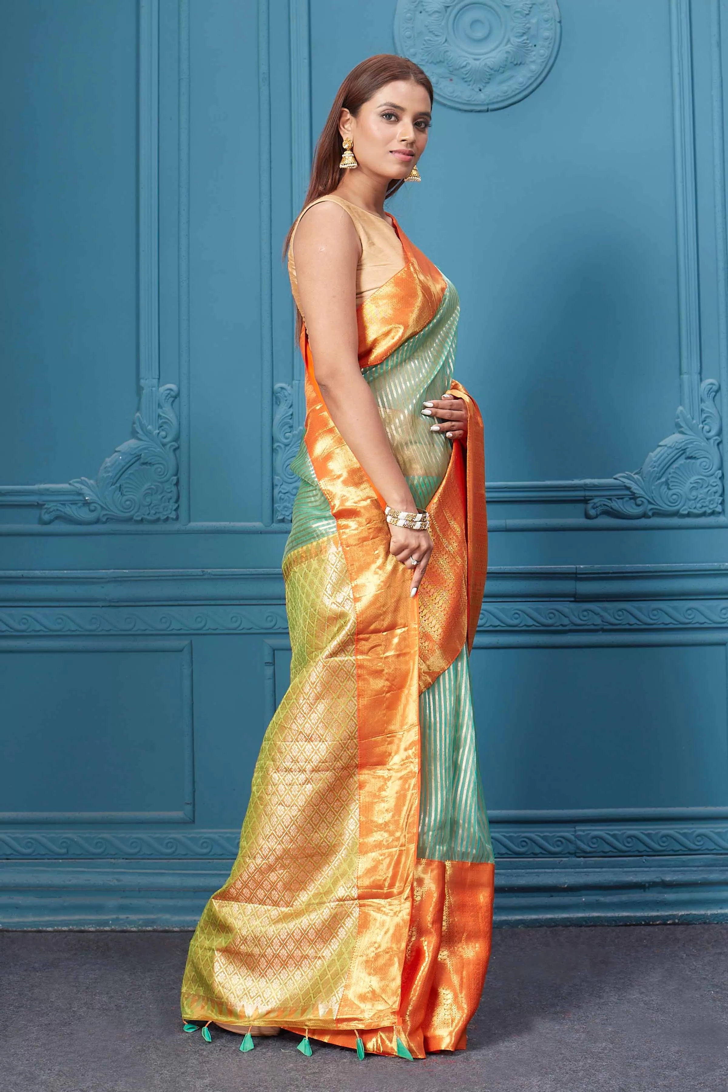 91A008 Sea Green Striped Kora Kanjivaram Sari with Orange Border