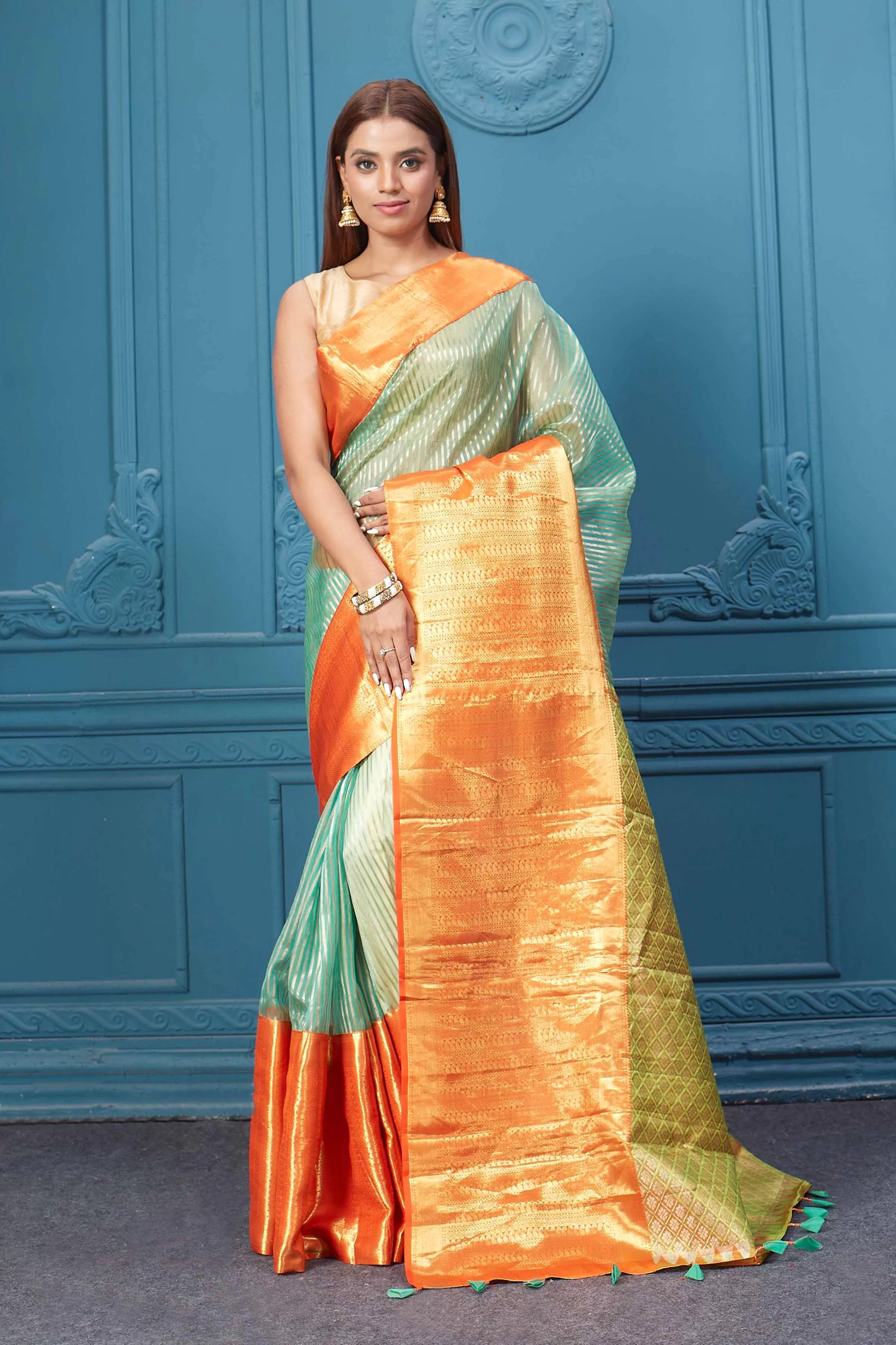 91A008 Sea Green Striped Kora Kanjivaram Sari with Orange Border