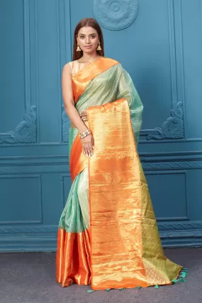 91A008 Sea Green Striped Kora Kanjivaram Sari with Orange Border