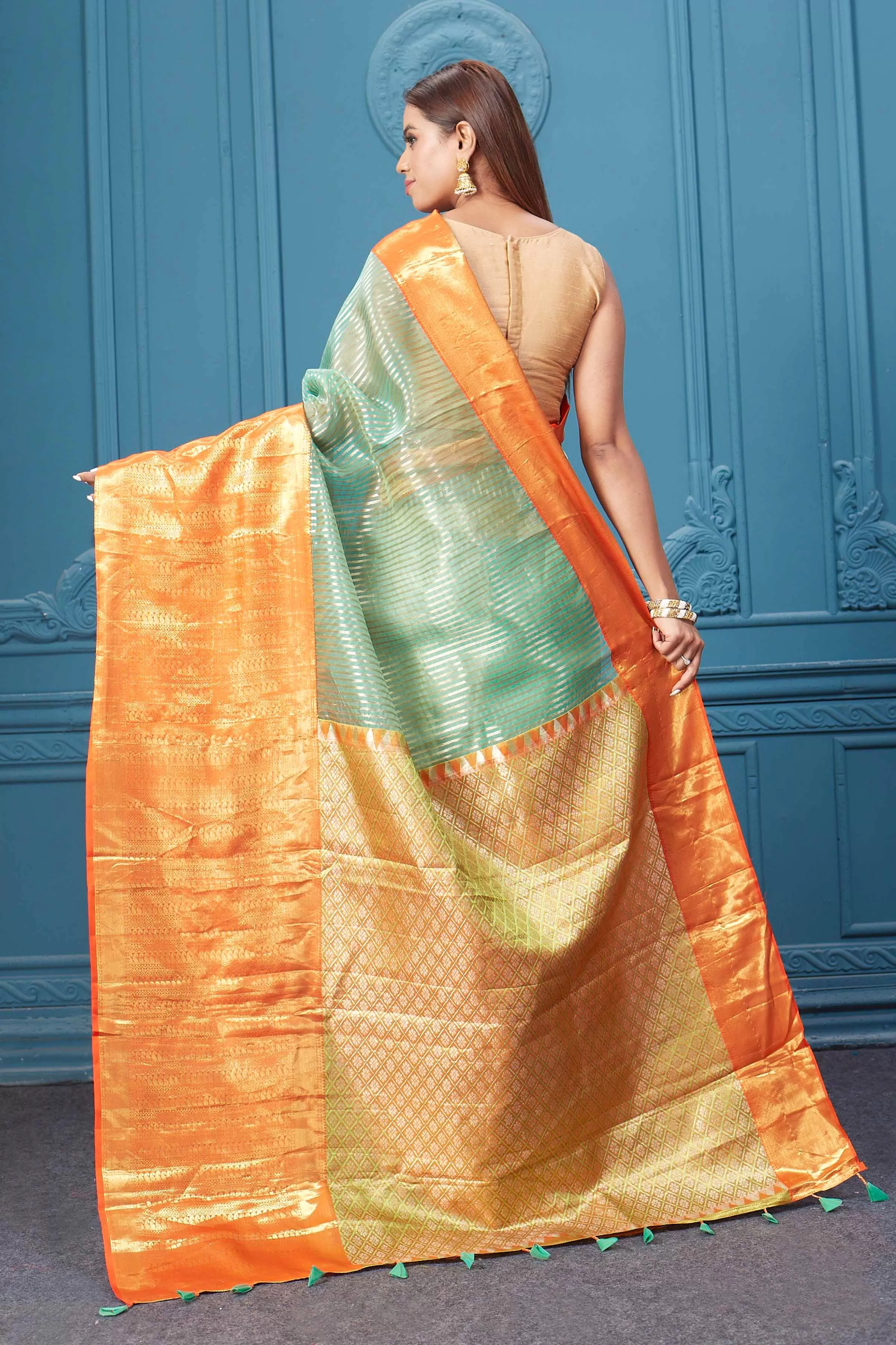 91A008 Sea Green Striped Kora Kanjivaram Sari with Orange Border