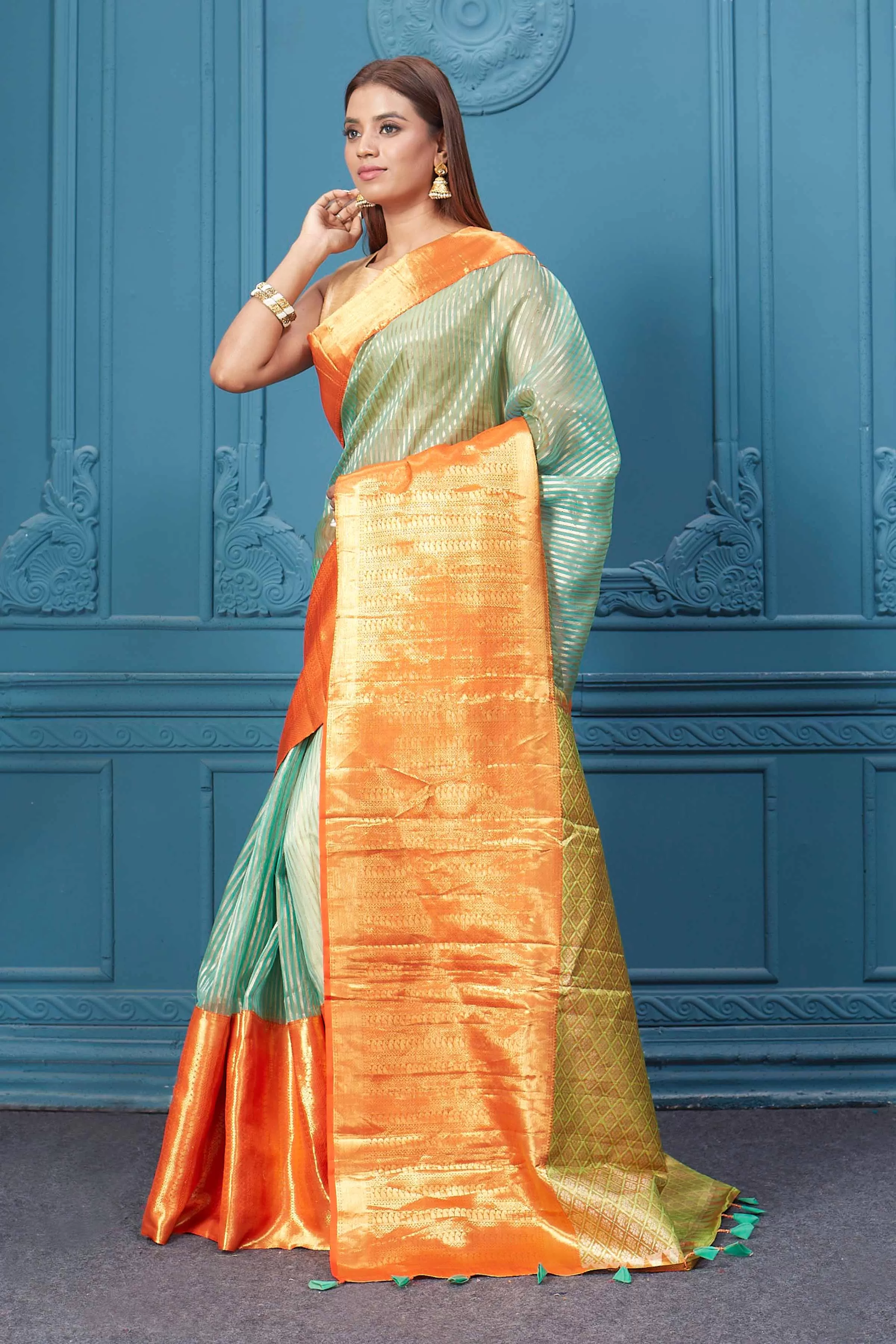 91A008 Sea Green Striped Kora Kanjivaram Sari with Orange Border