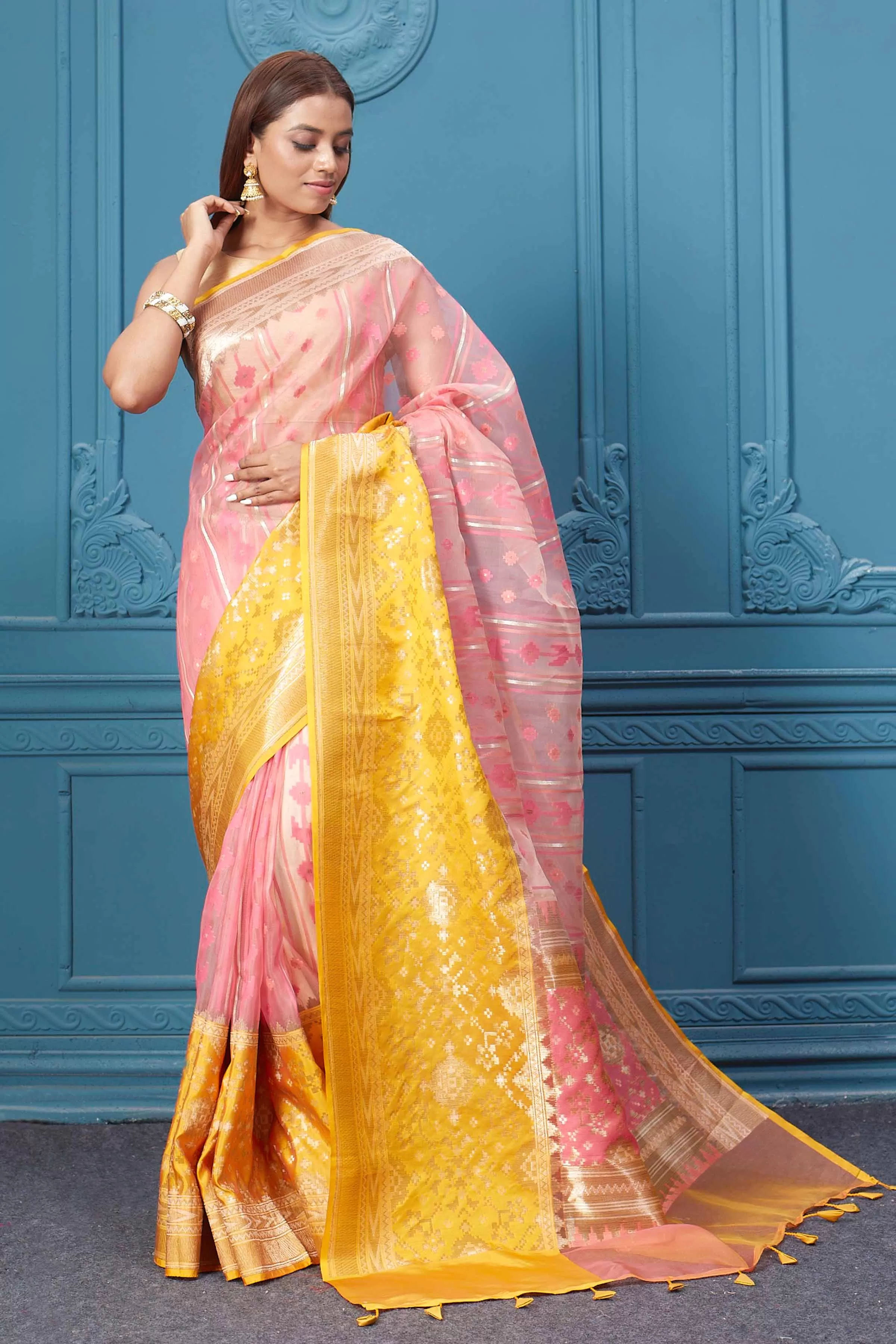 91A011 Pink Fancy Kora Saree with Yellow Border