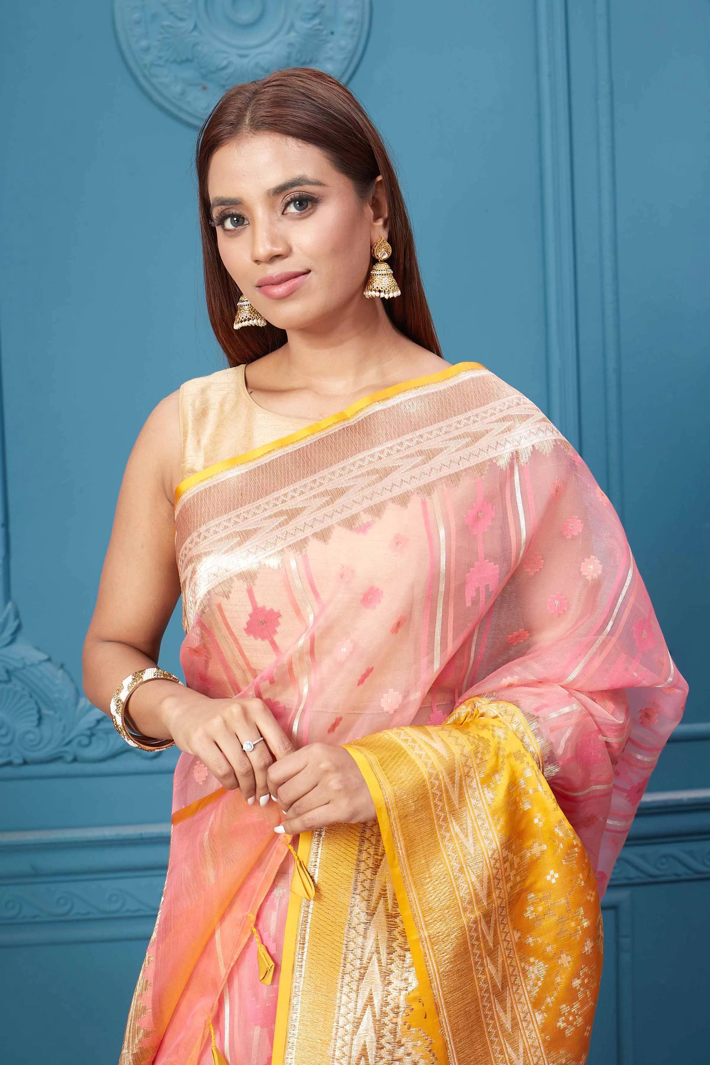 91A011 Pink Fancy Kora Saree with Yellow Border