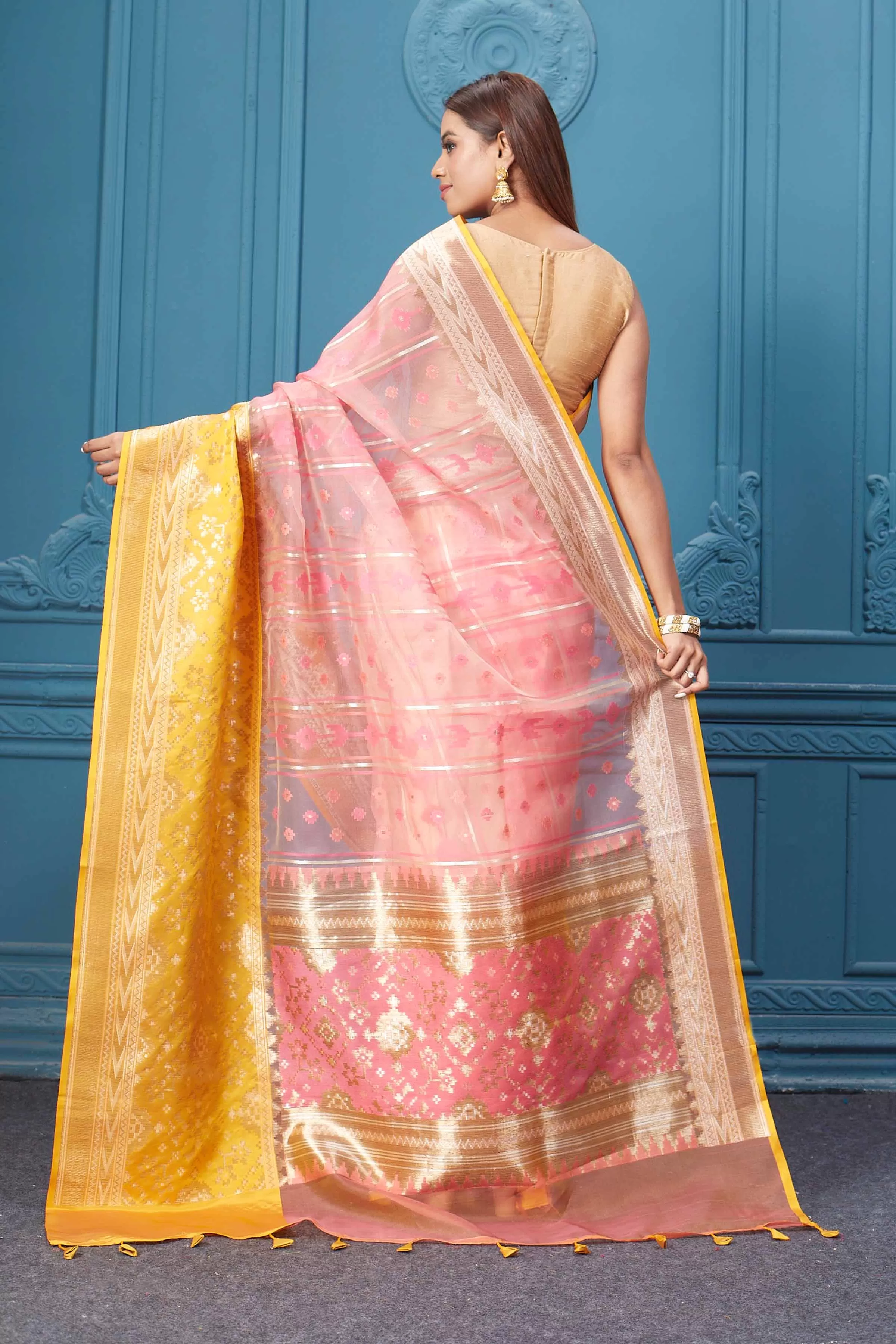 91A011 Pink Fancy Kora Saree with Yellow Border