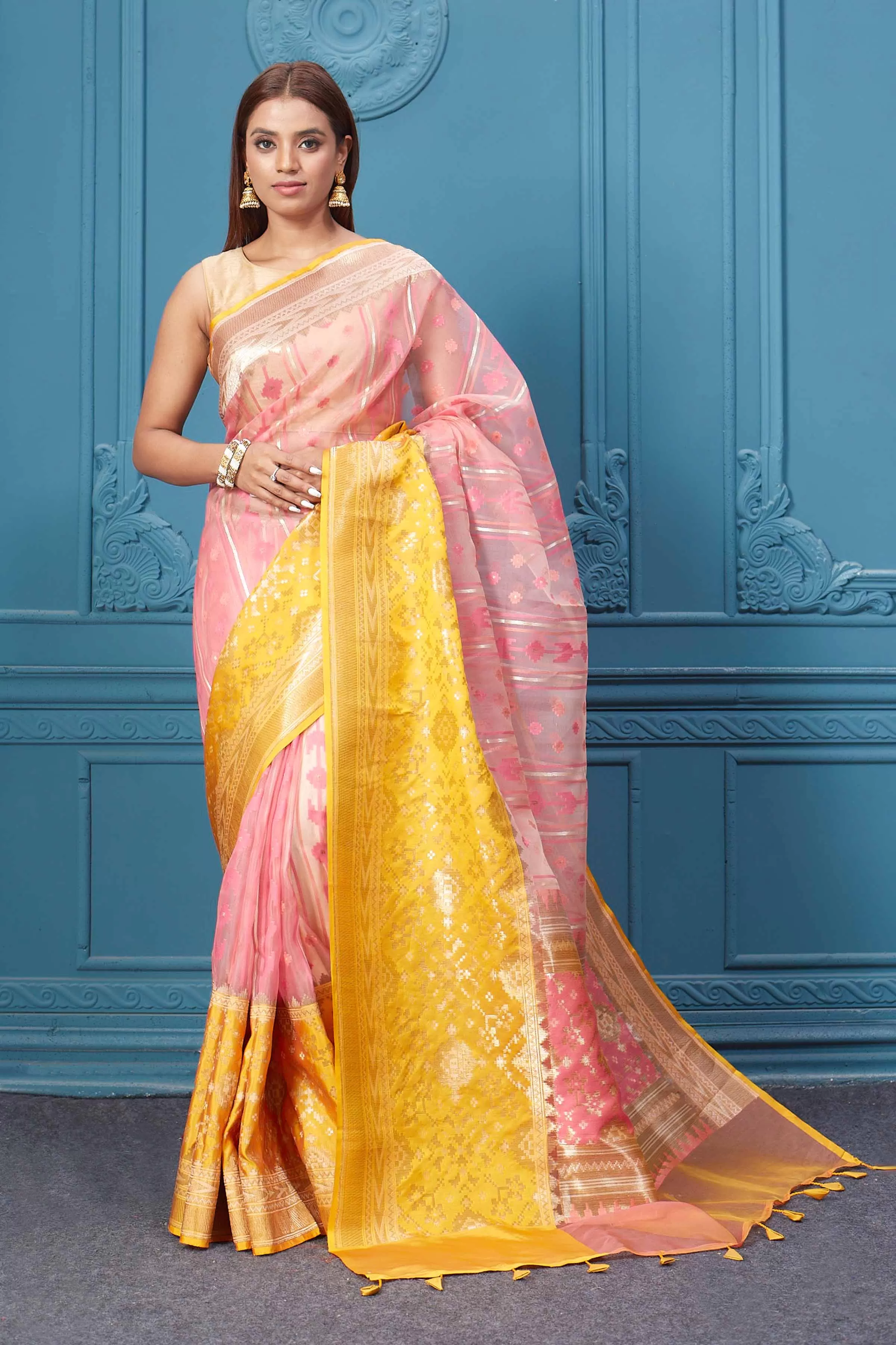 91A011 Pink Fancy Kora Saree with Yellow Border