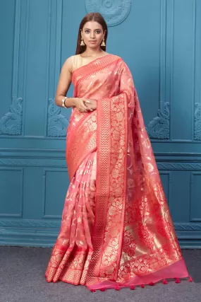 91A013 Pink Fancy Kora Saree with Floral Zari Jaal