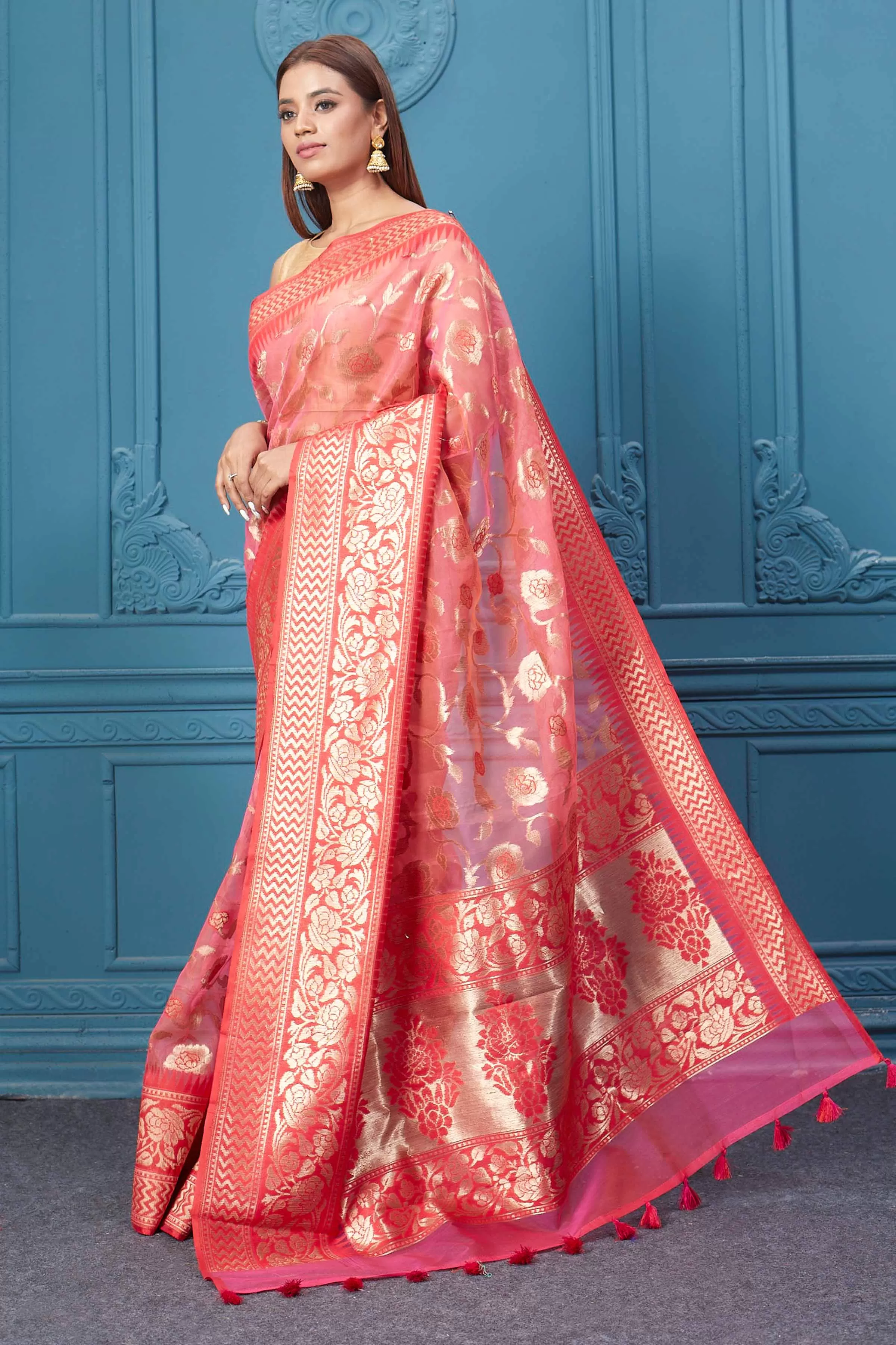 91A013 Pink Fancy Kora Saree with Floral Zari Jaal