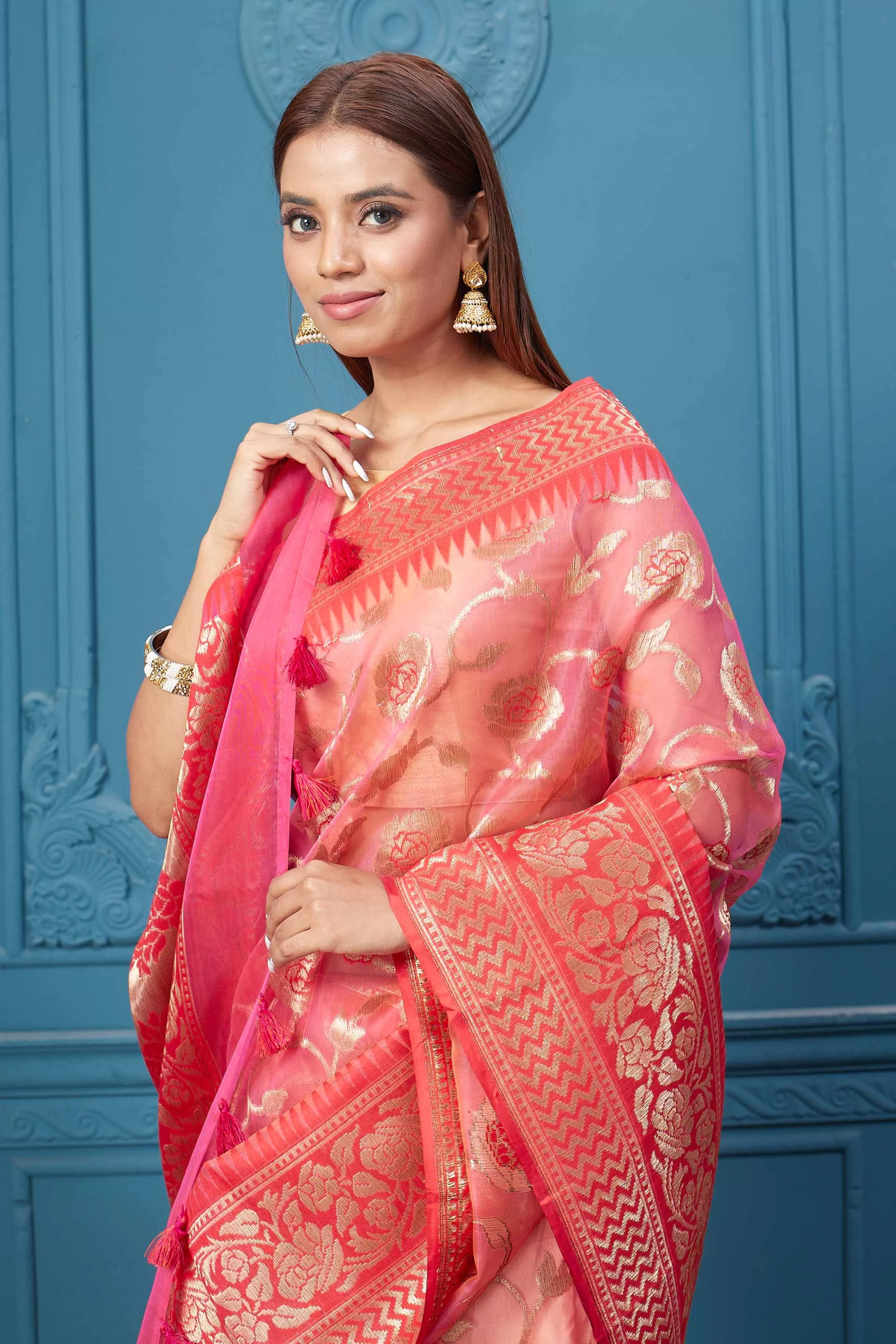 91A013 Pink Fancy Kora Saree with Floral Zari Jaal