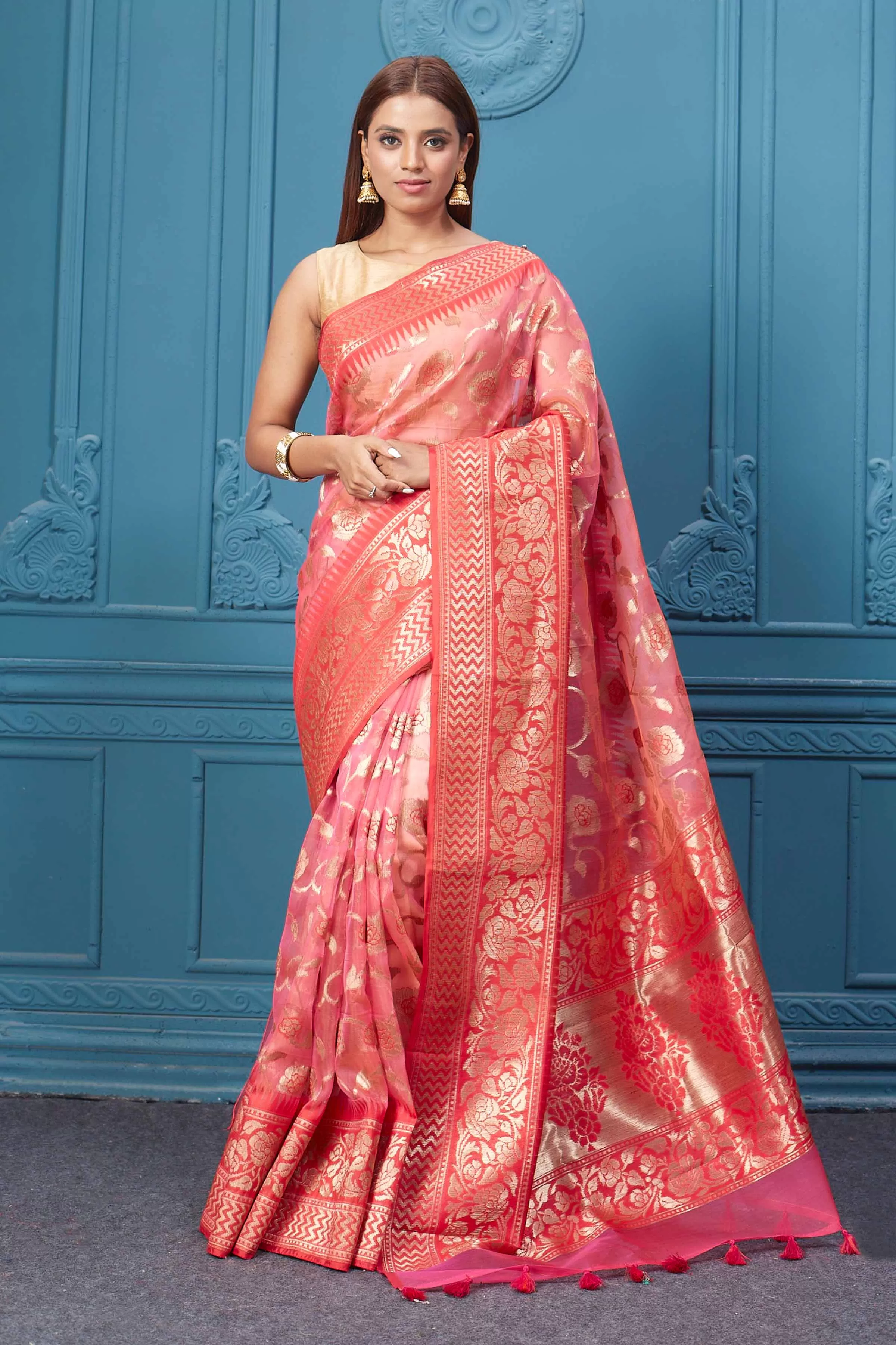 91A013 Pink Fancy Kora Saree with Floral Zari Jaal