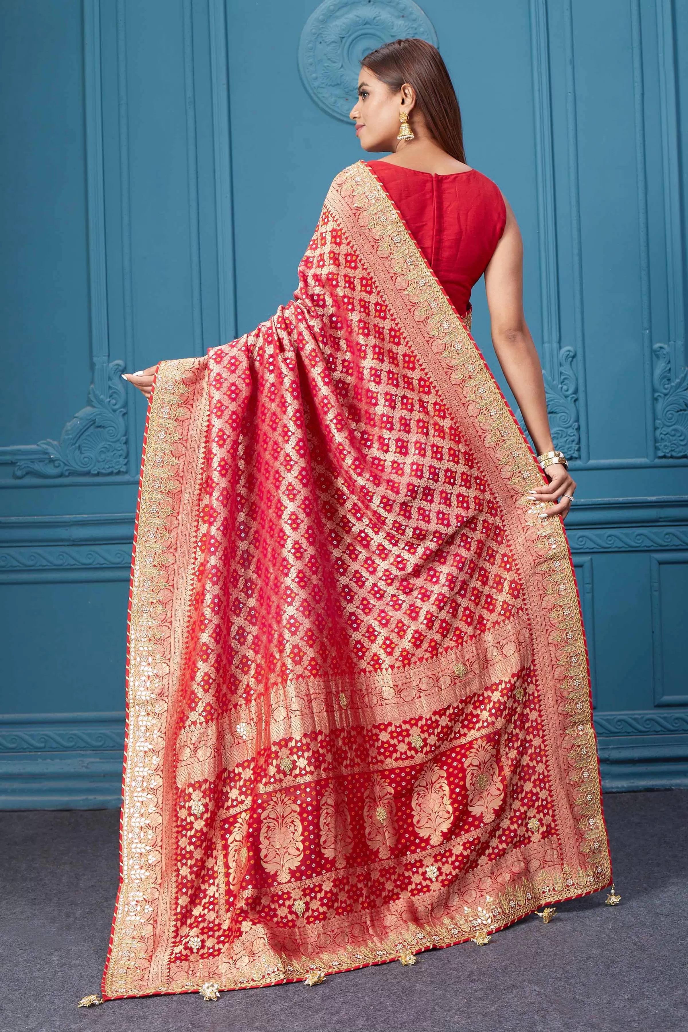 91A024 Red Bandhej Banarasi Saree with Embroidered Border