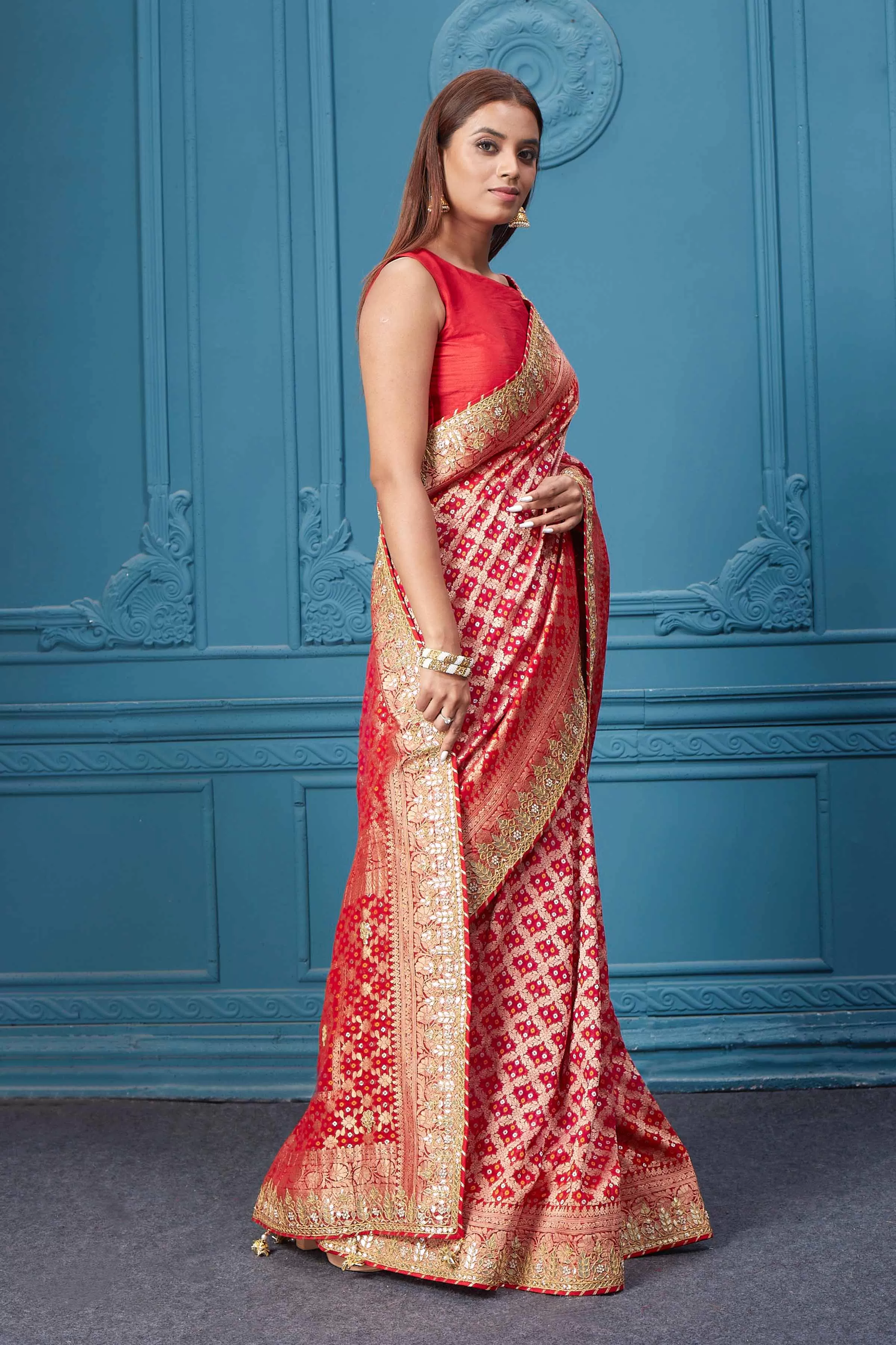 91A024 Red Bandhej Banarasi Saree with Embroidered Border