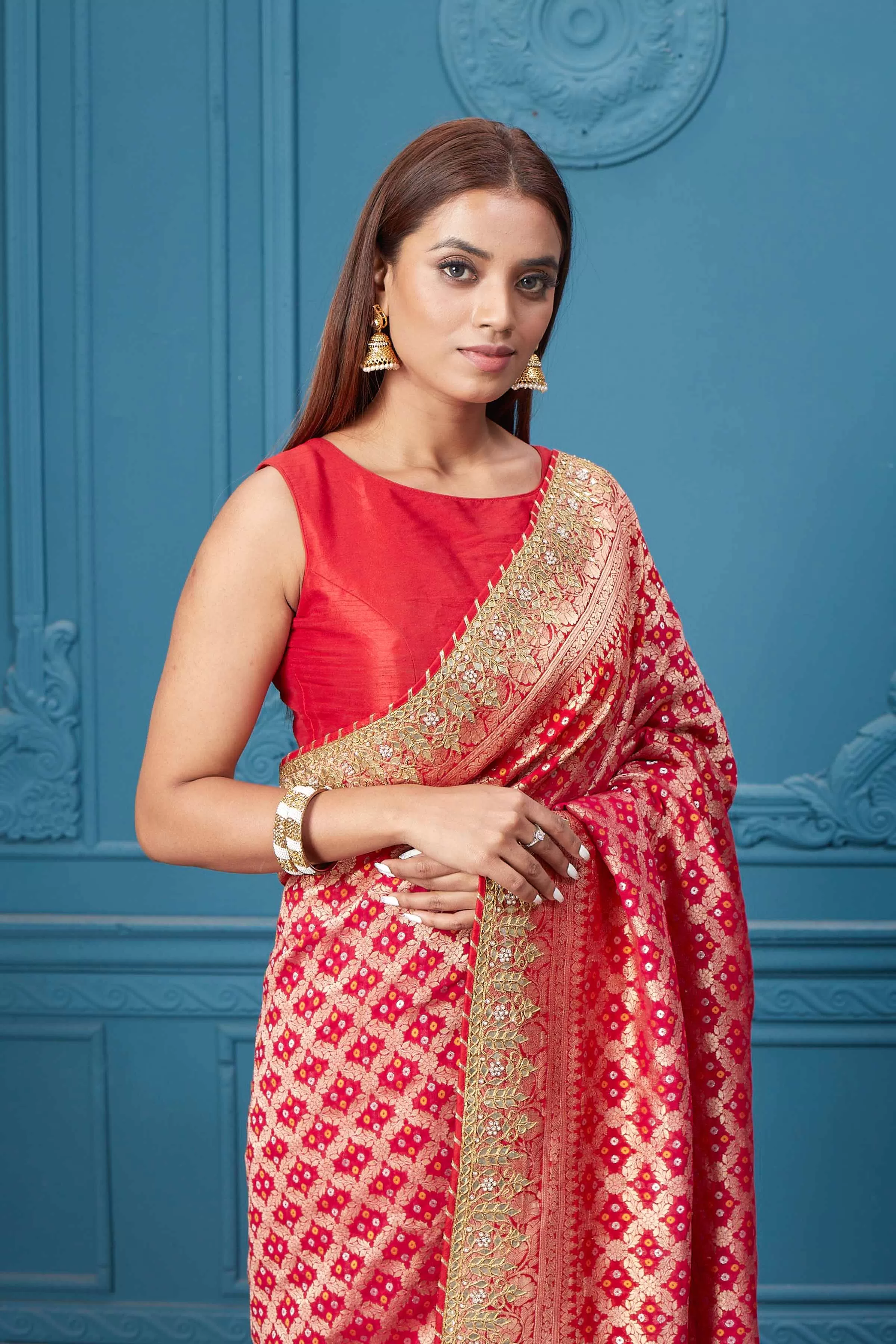 91A024 Red Bandhej Banarasi Saree with Embroidered Border