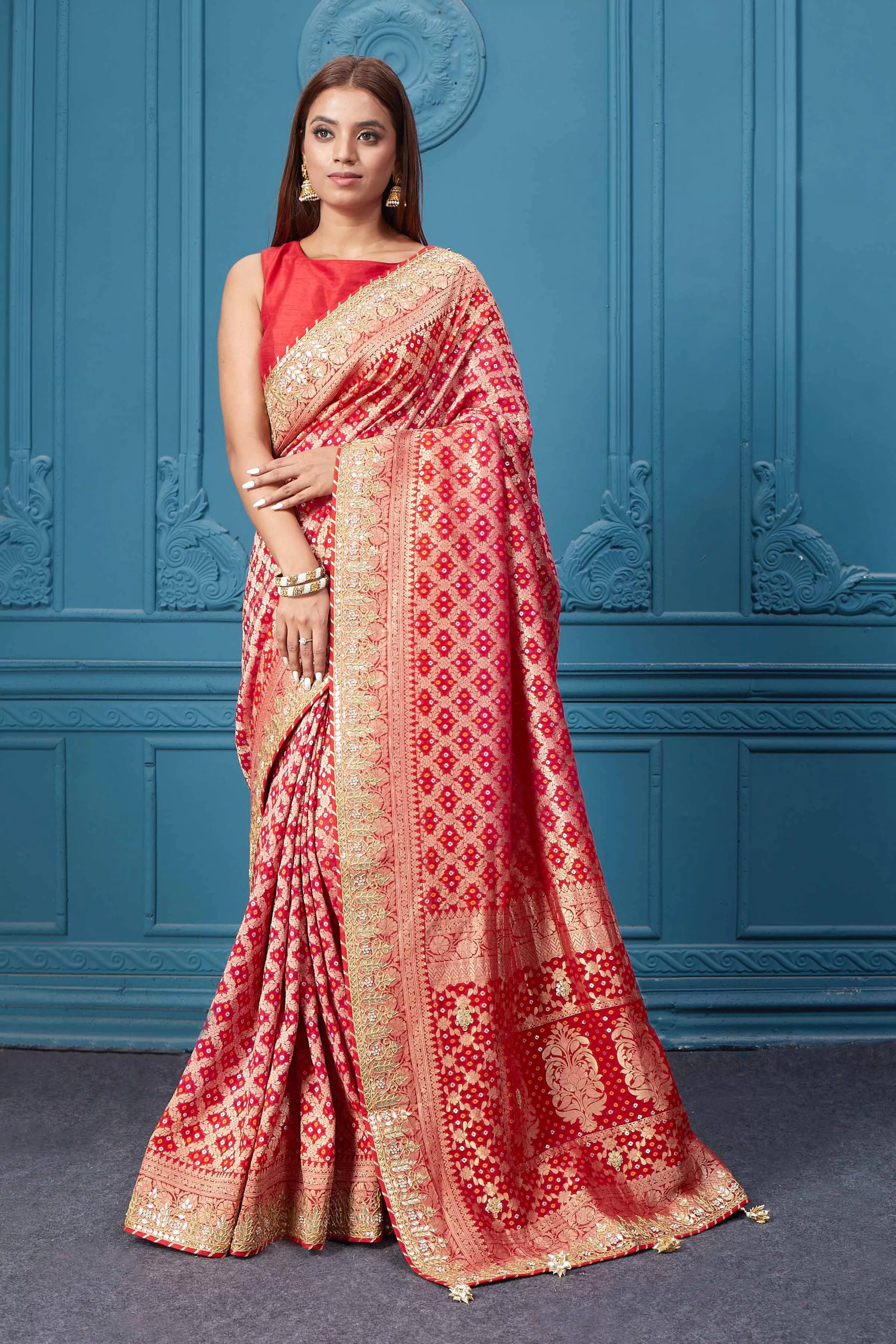 91A024 Red Bandhej Banarasi Saree with Embroidered Border