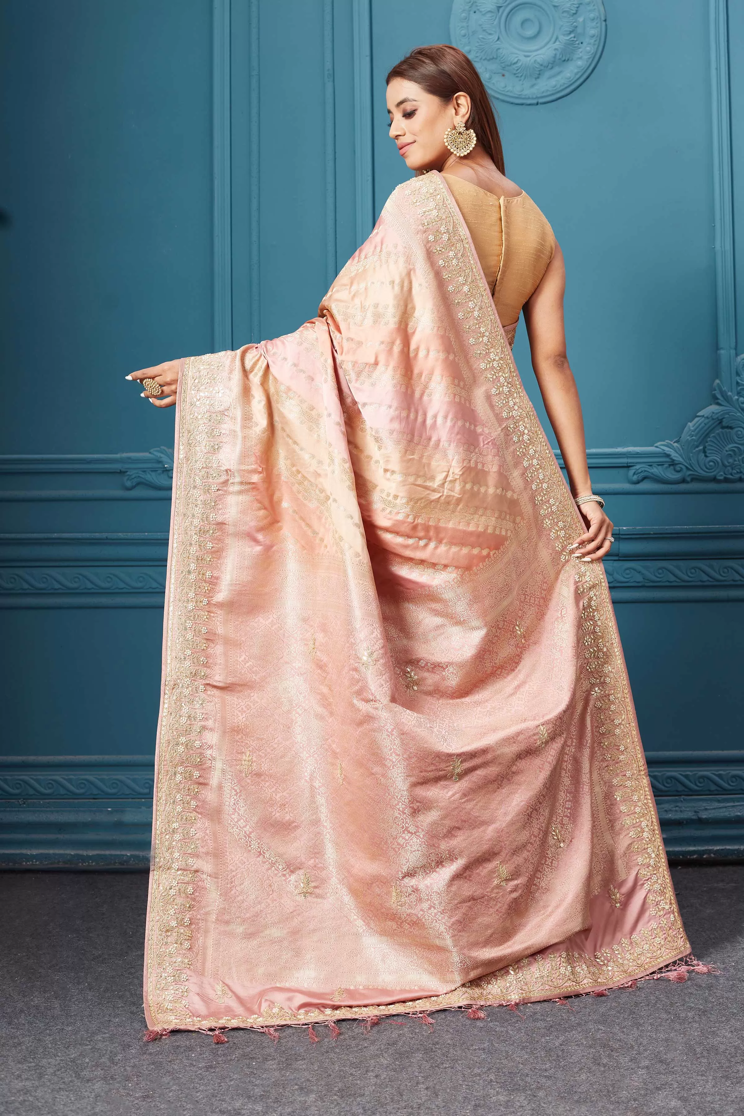 91A050 Dusty Pink Embroidered Banarasi Silk Saree