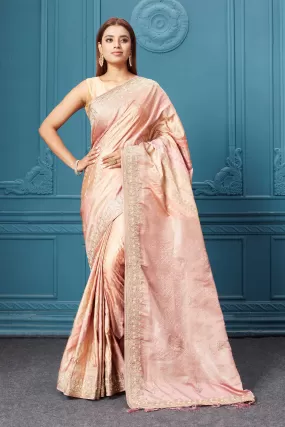 91A050 Dusty Pink Embroidered Banarasi Silk Saree