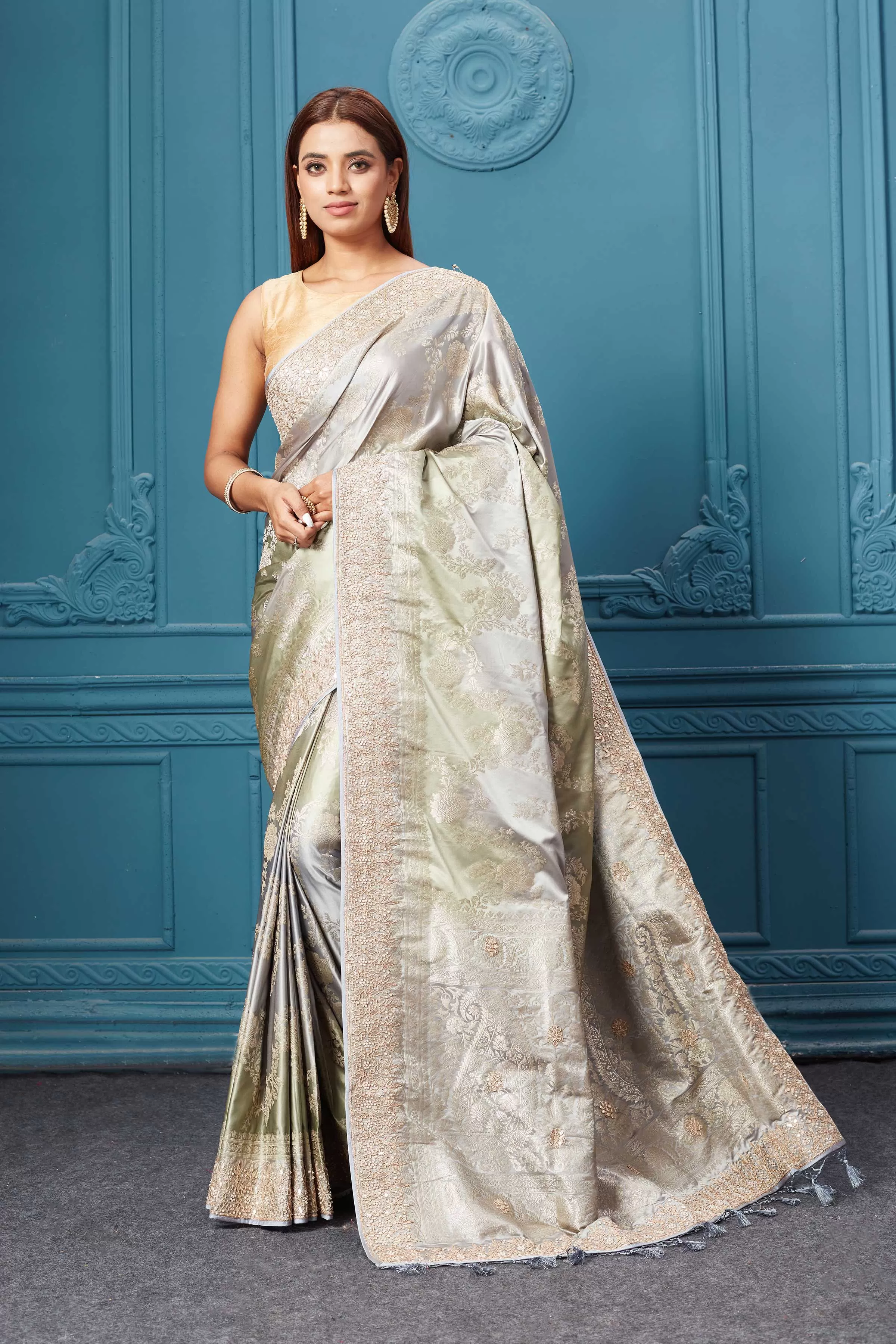 91A066 Grey Mashru Banarasi Saree with Embroidery