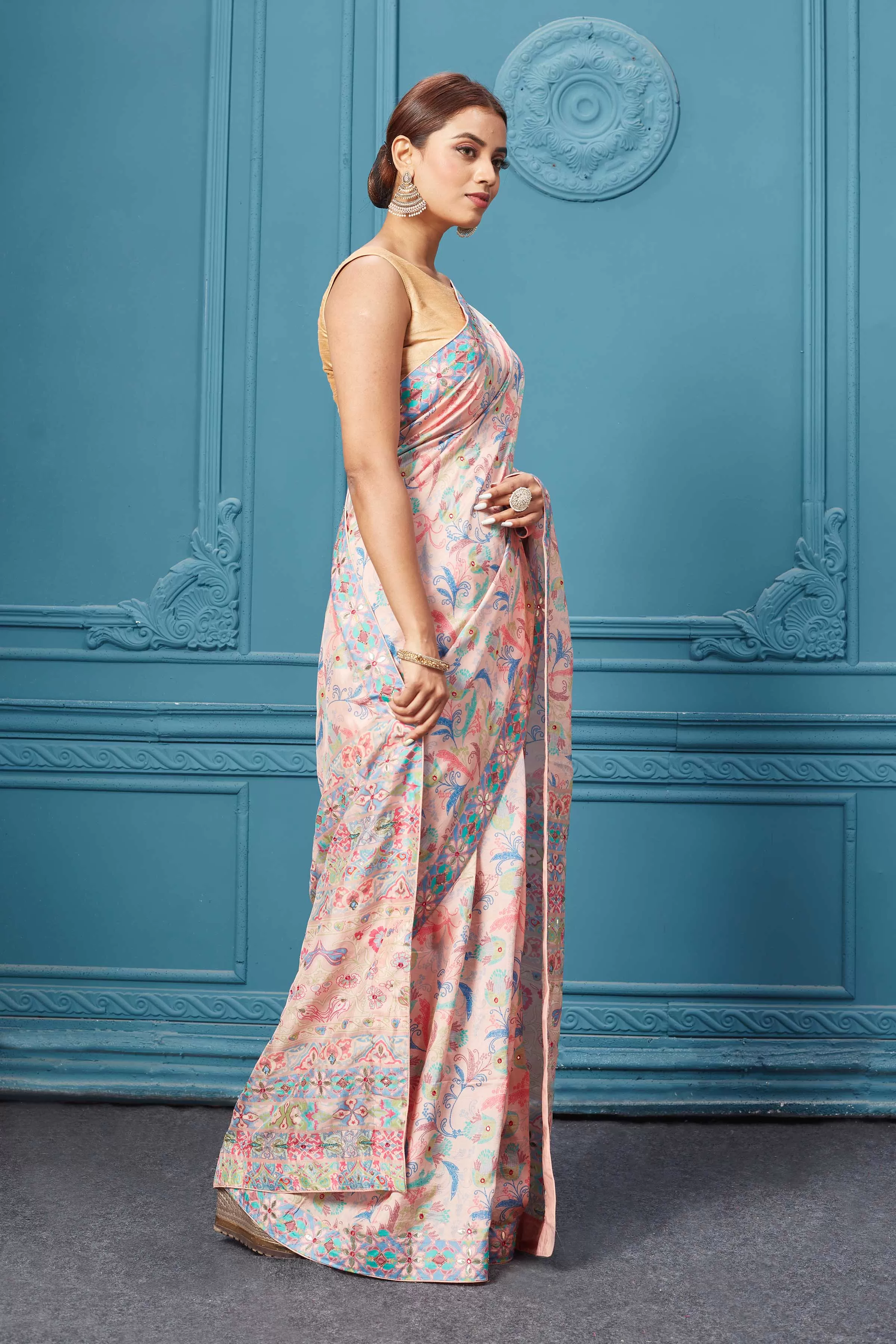 91A098 Light Pink Printed and Embroidered Mulberry Silk Saree