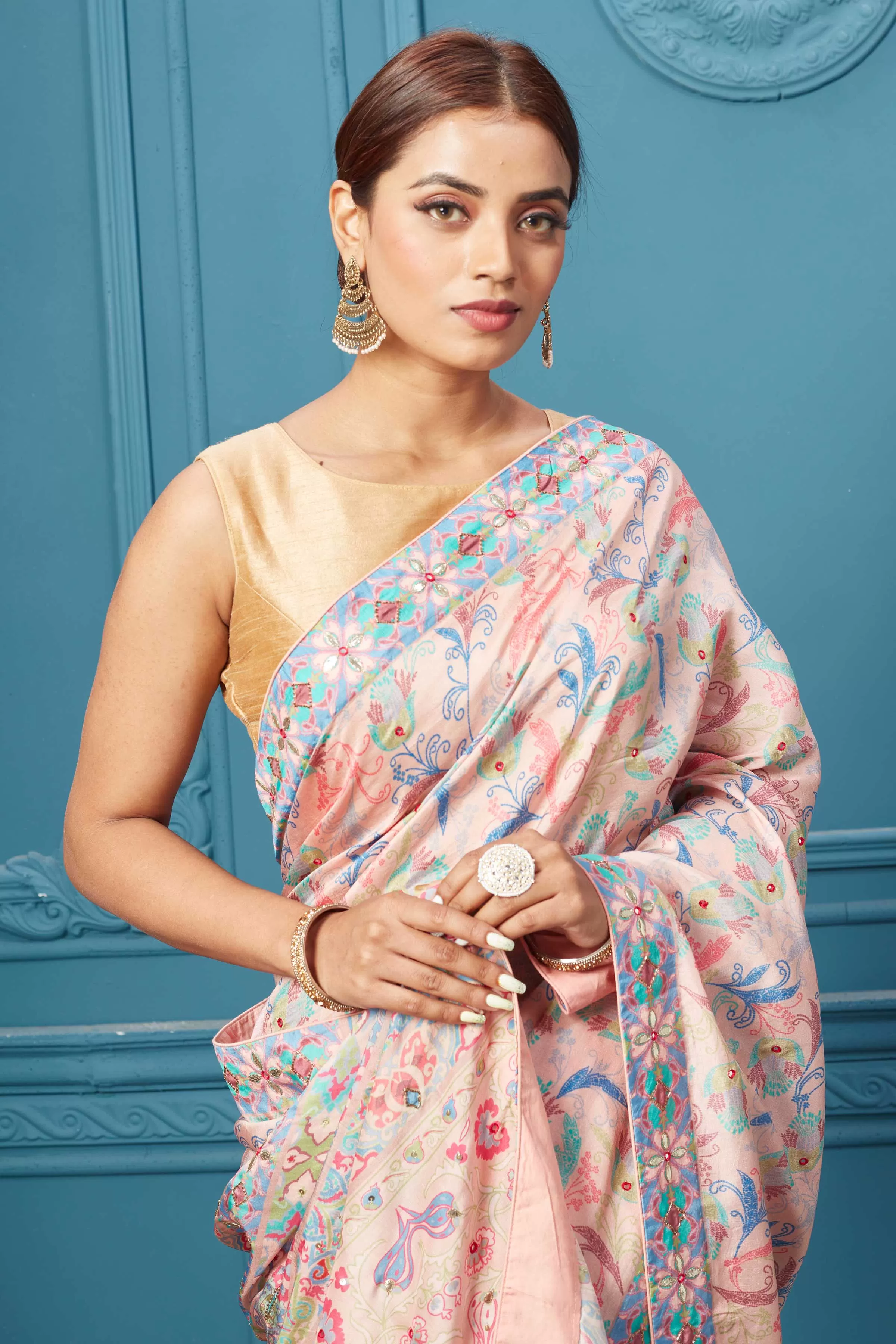 91A098 Light Pink Printed and Embroidered Mulberry Silk Saree