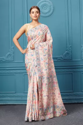 91A098 Light Pink Printed and Embroidered Mulberry Silk Saree