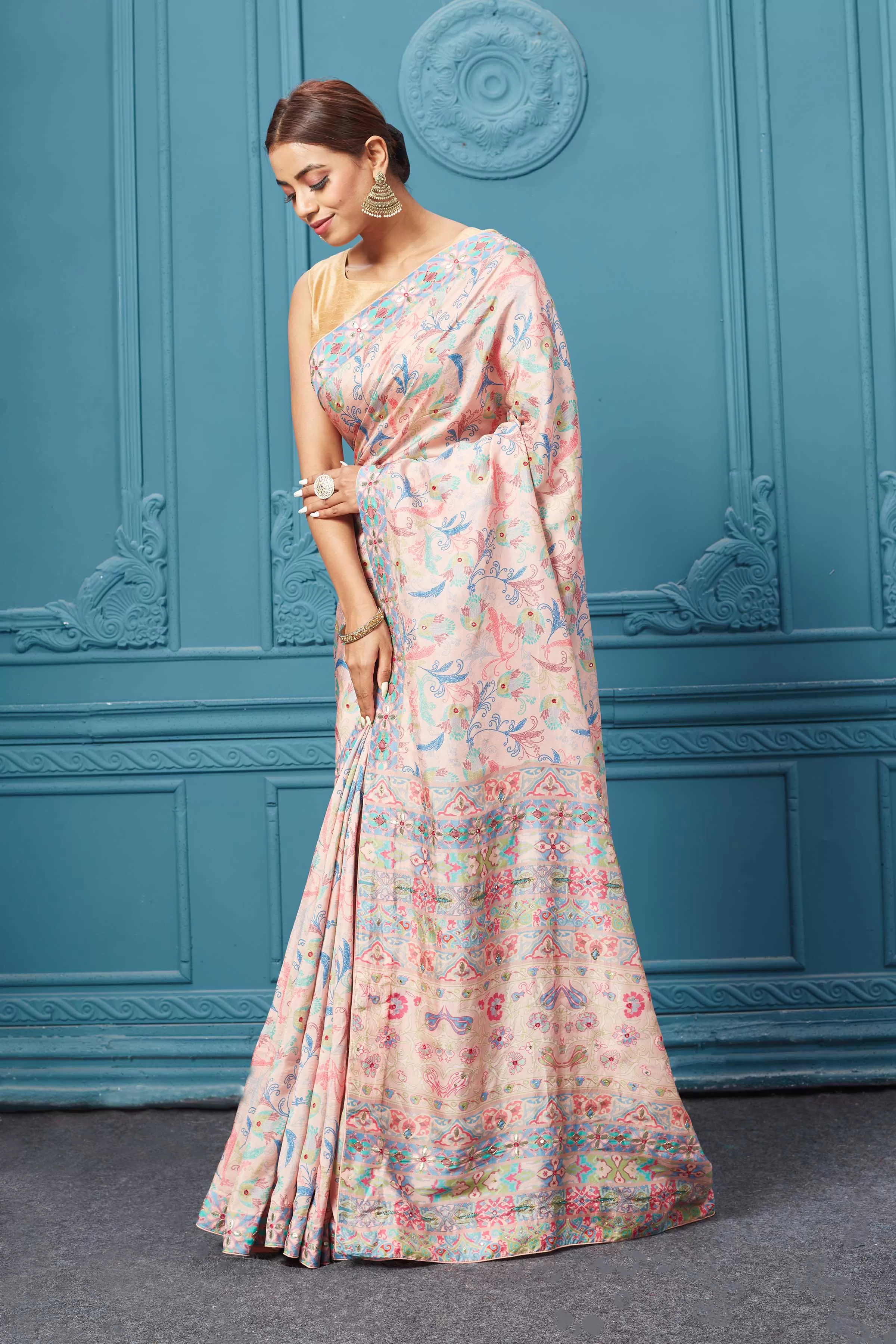 91A098 Light Pink Printed and Embroidered Mulberry Silk Saree