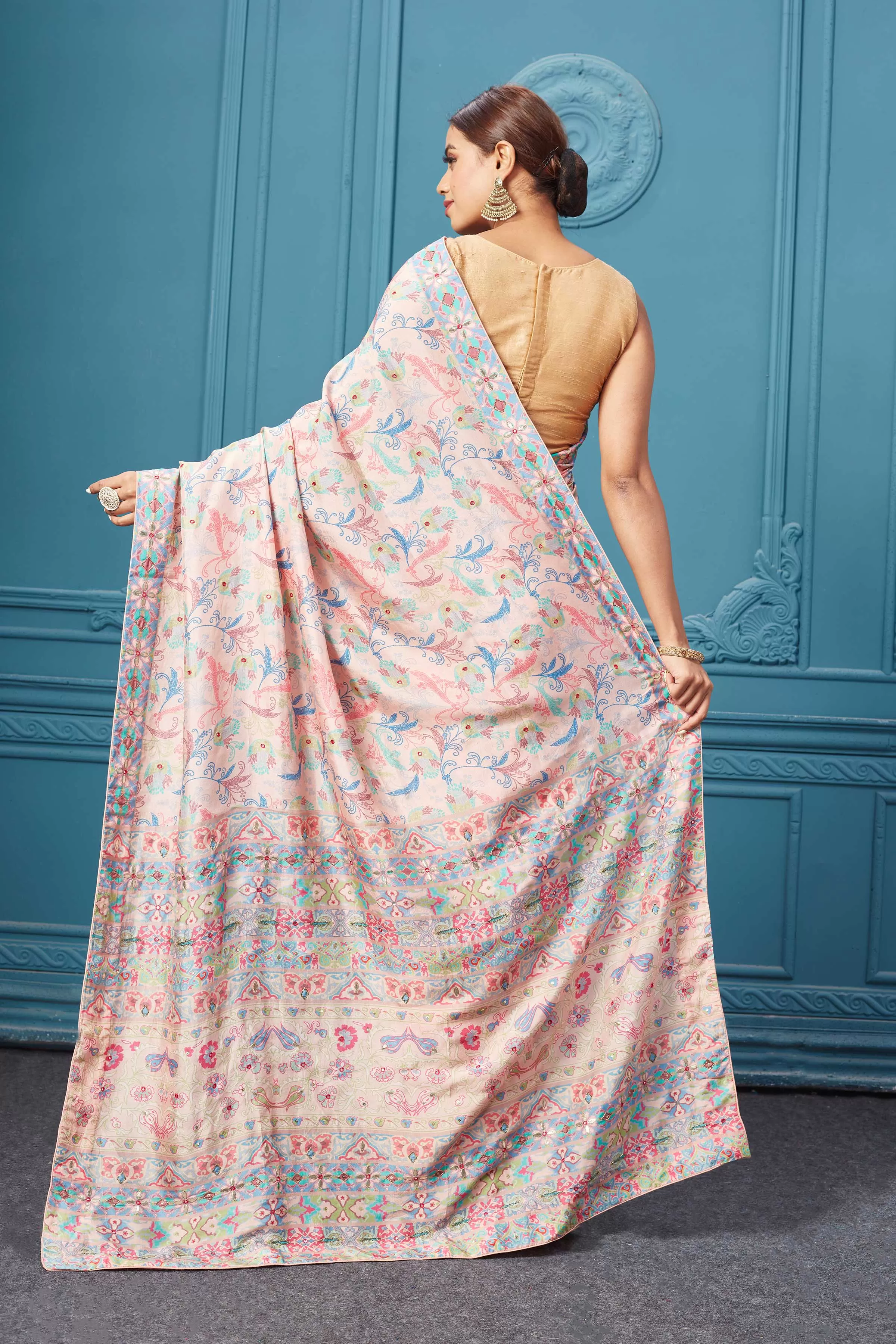 91A098 Light Pink Printed and Embroidered Mulberry Silk Saree