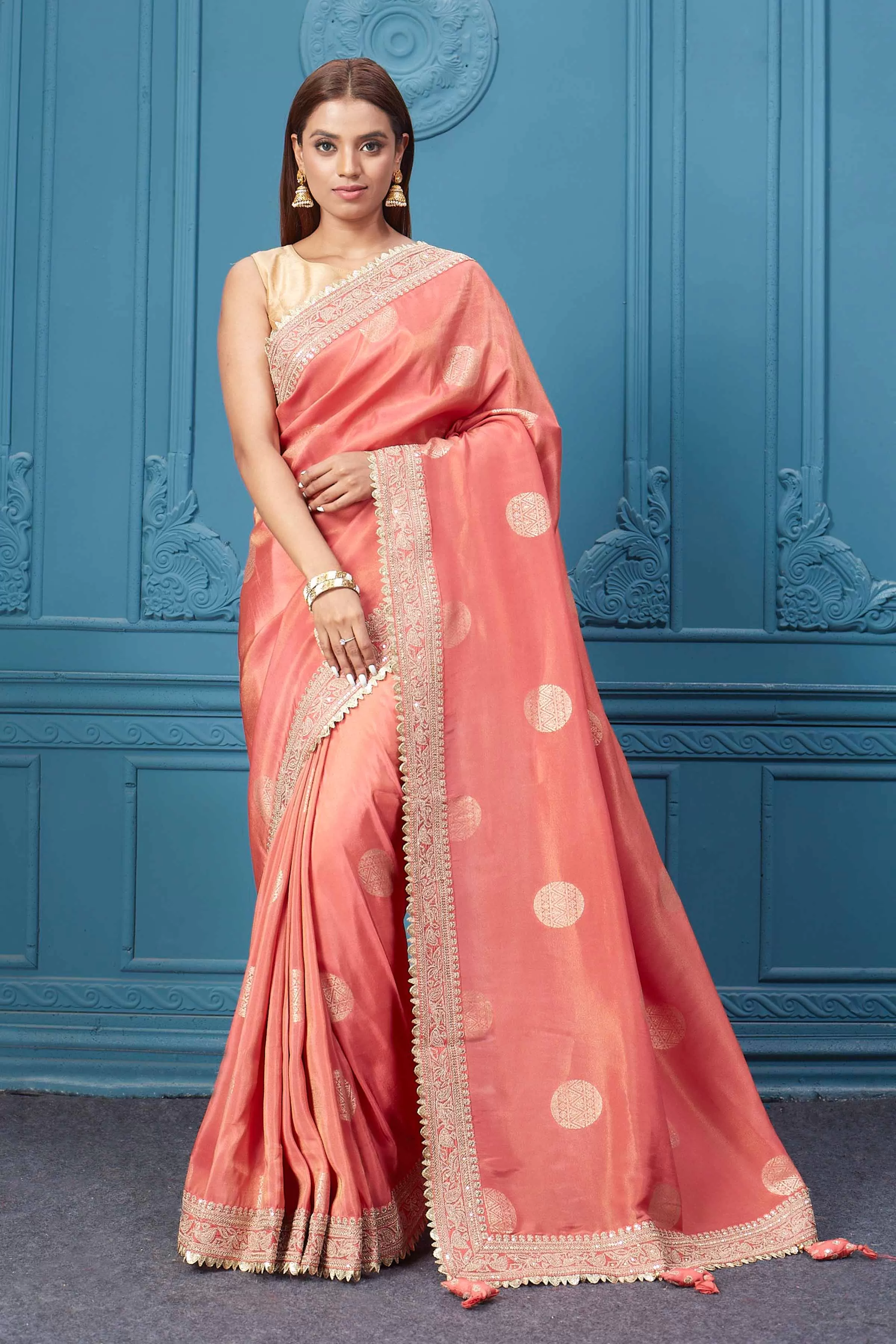 91A117 Coral Summer Georgette Saree with Embroidered Border