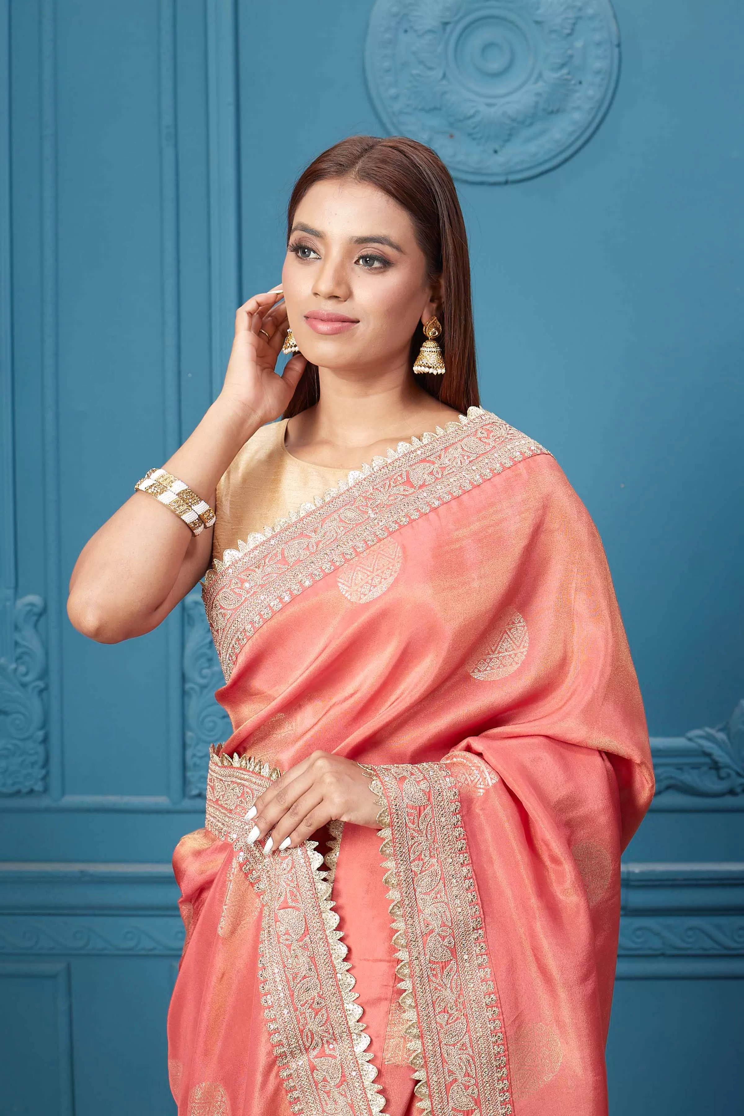 91A117 Coral Summer Georgette Saree with Embroidered Border