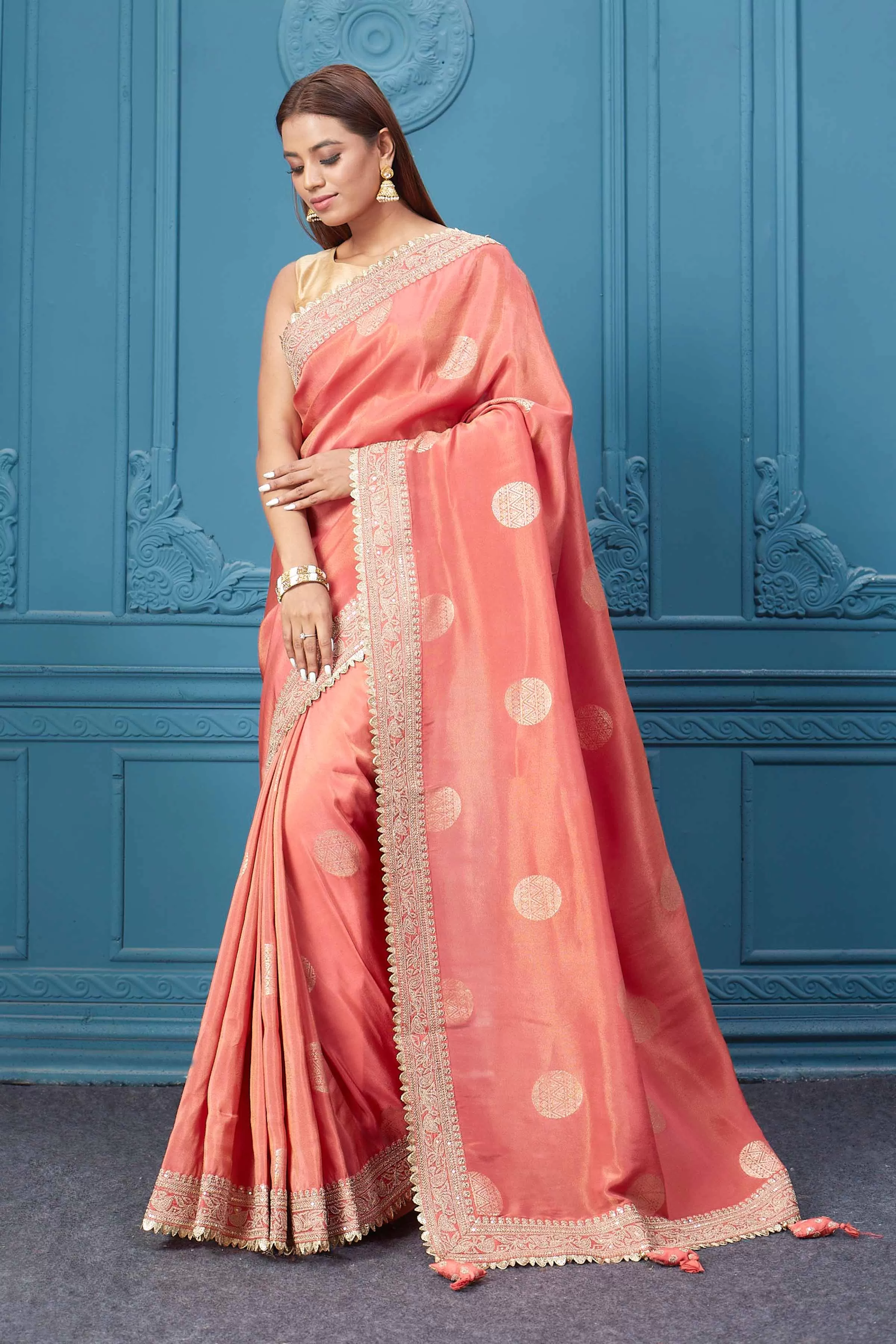 91A117 Coral Summer Georgette Saree with Embroidered Border