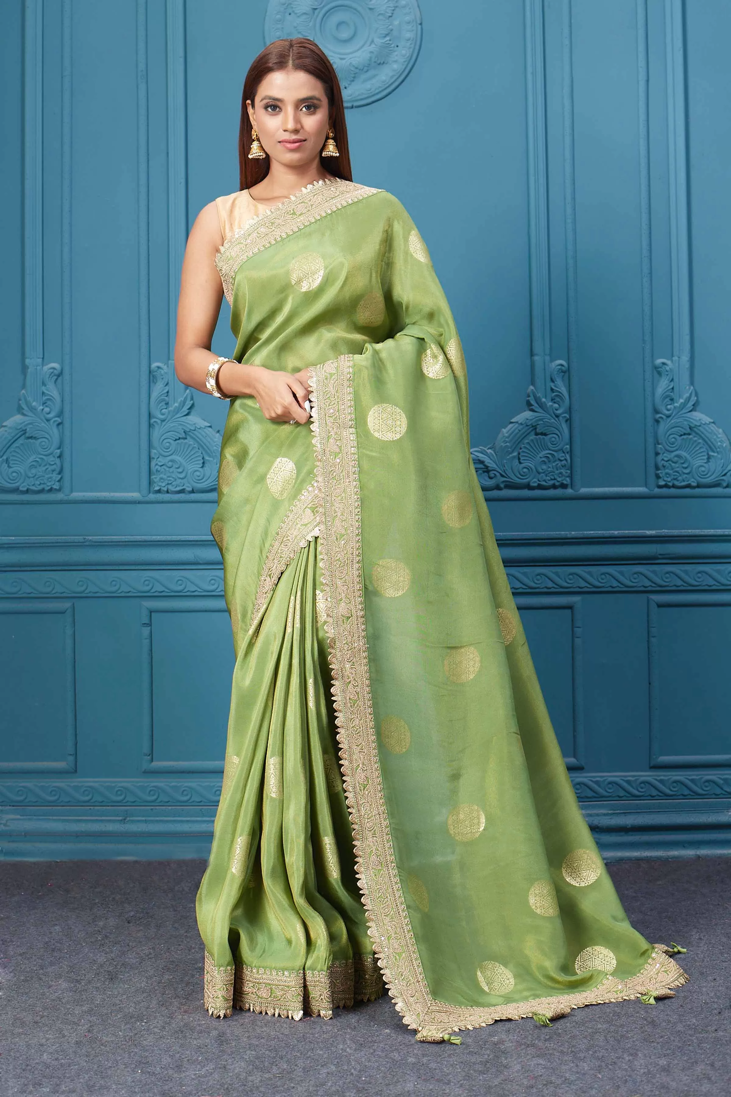 91A118 Light Green Georgette Saree with Embroidered Border