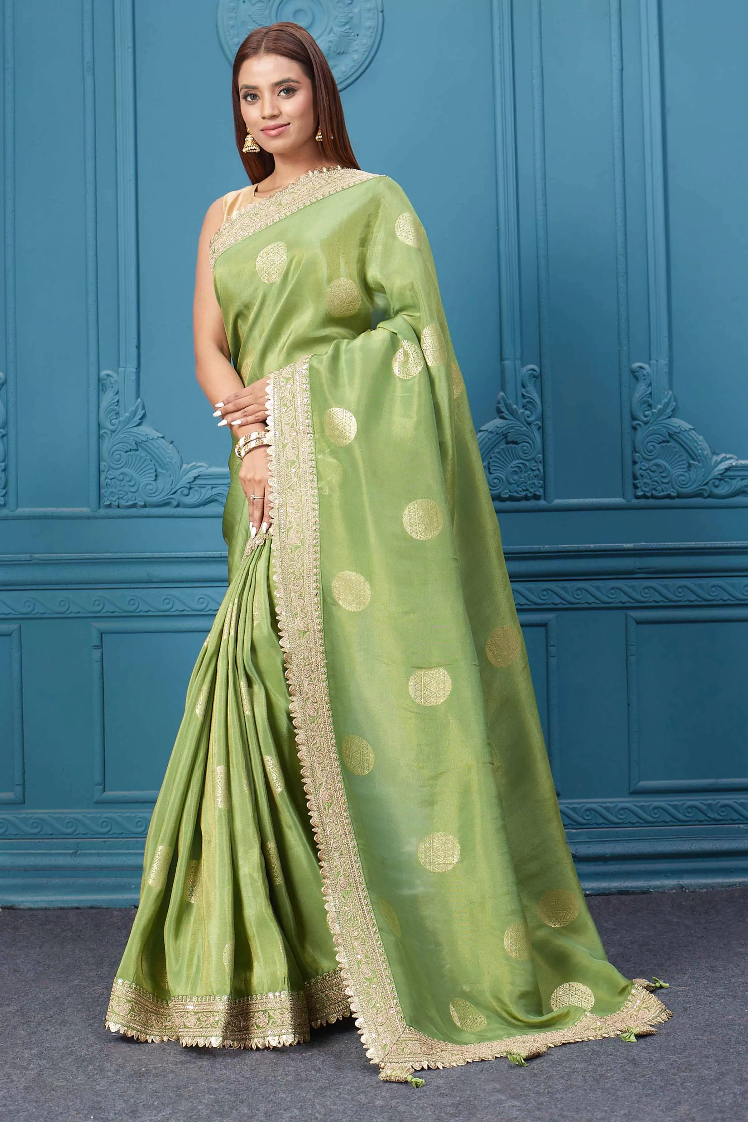 91A118 Light Green Georgette Saree with Embroidered Border