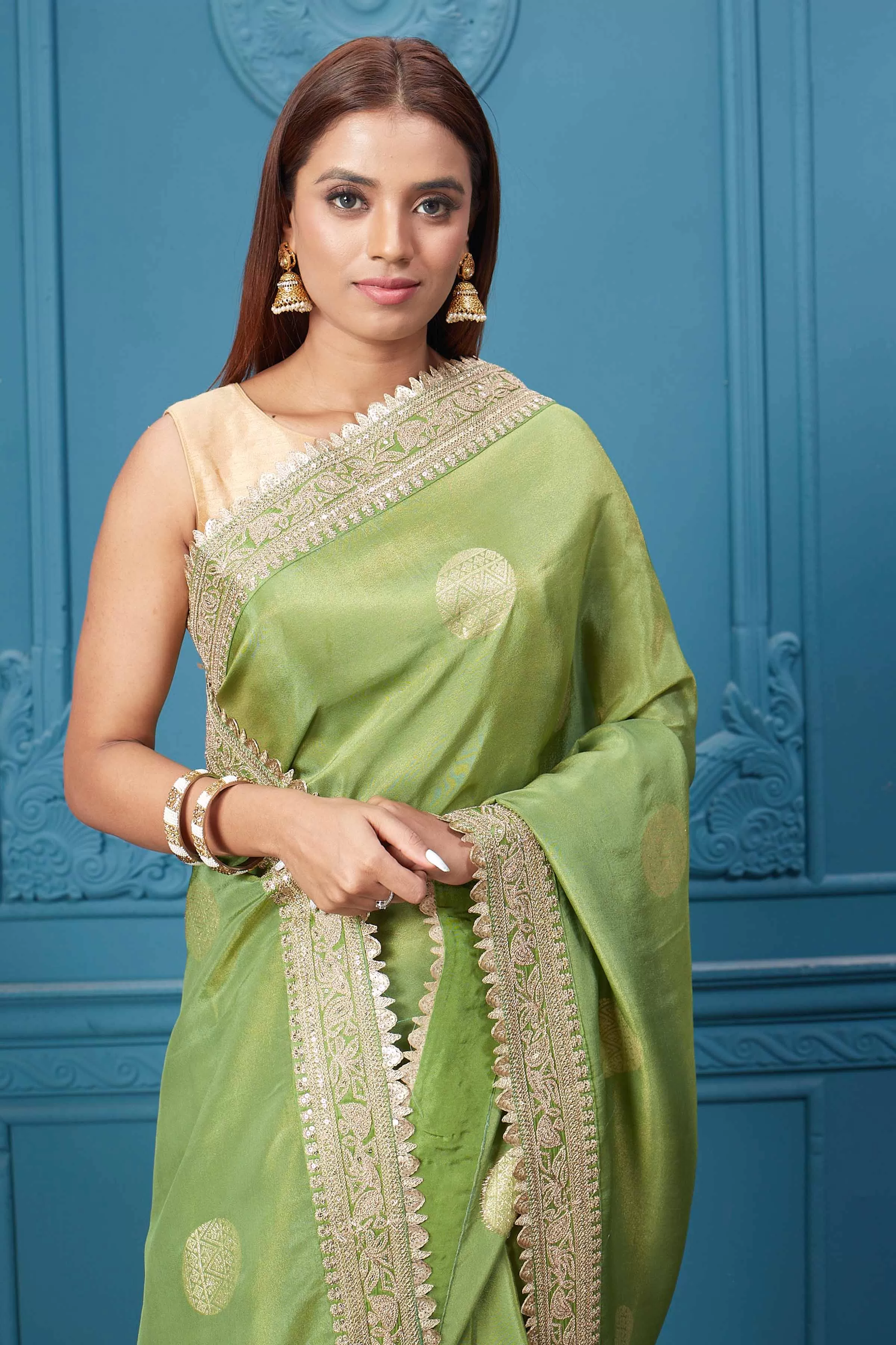 91A118 Light Green Georgette Saree with Embroidered Border