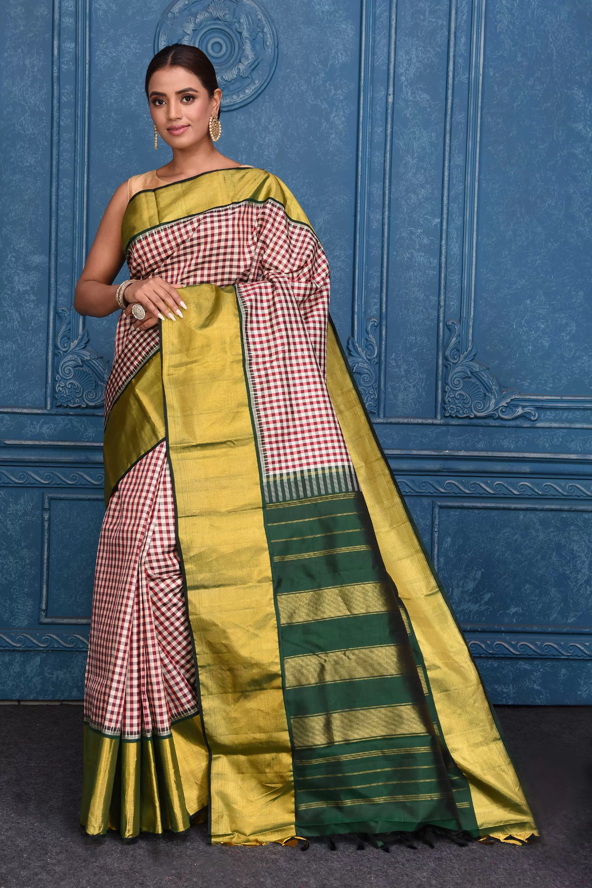 91A132 Cream and Red Check Kanjivaram Sari with Zari Border