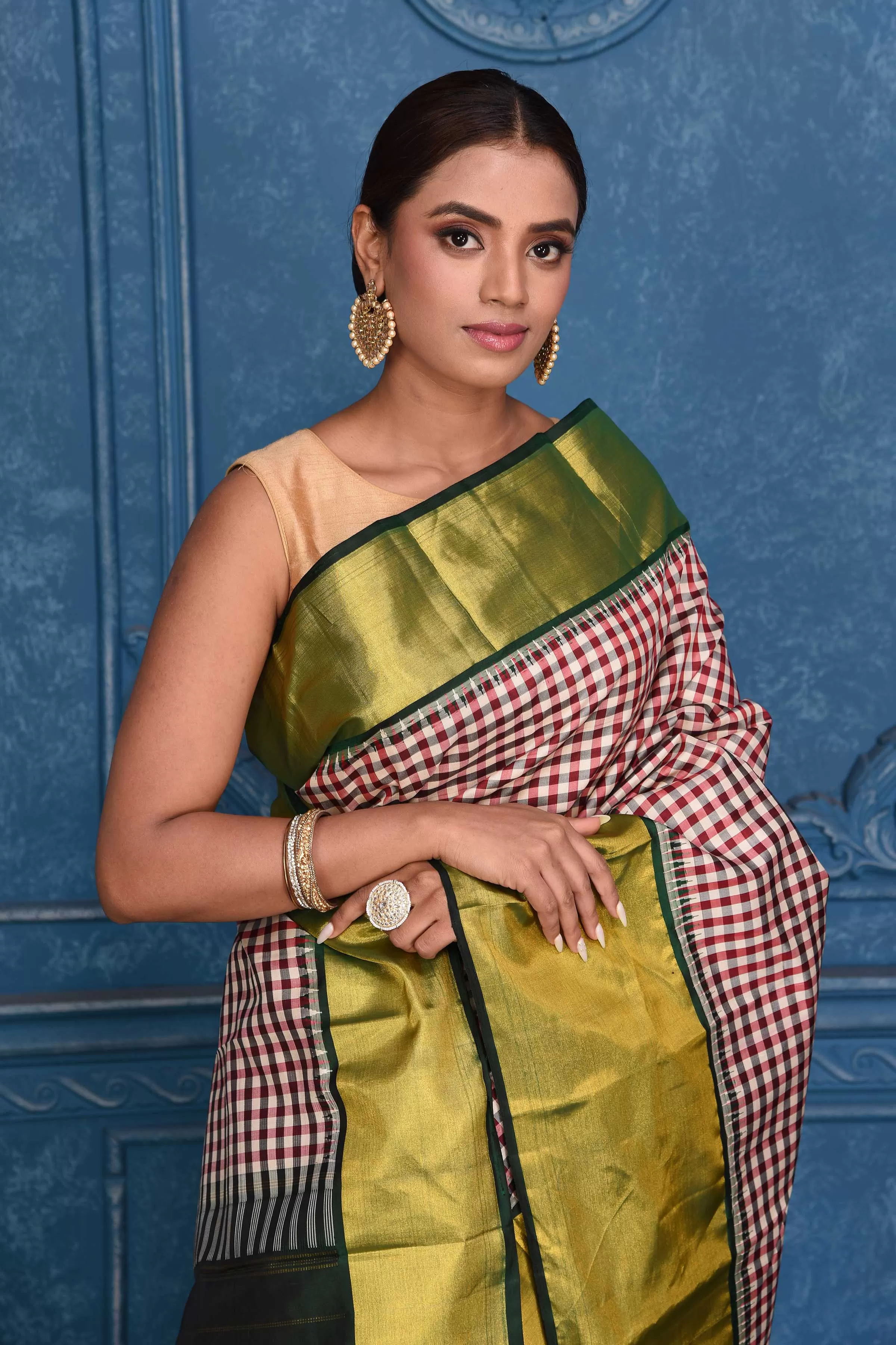 91A132 Cream and Red Check Kanjivaram Sari with Zari Border