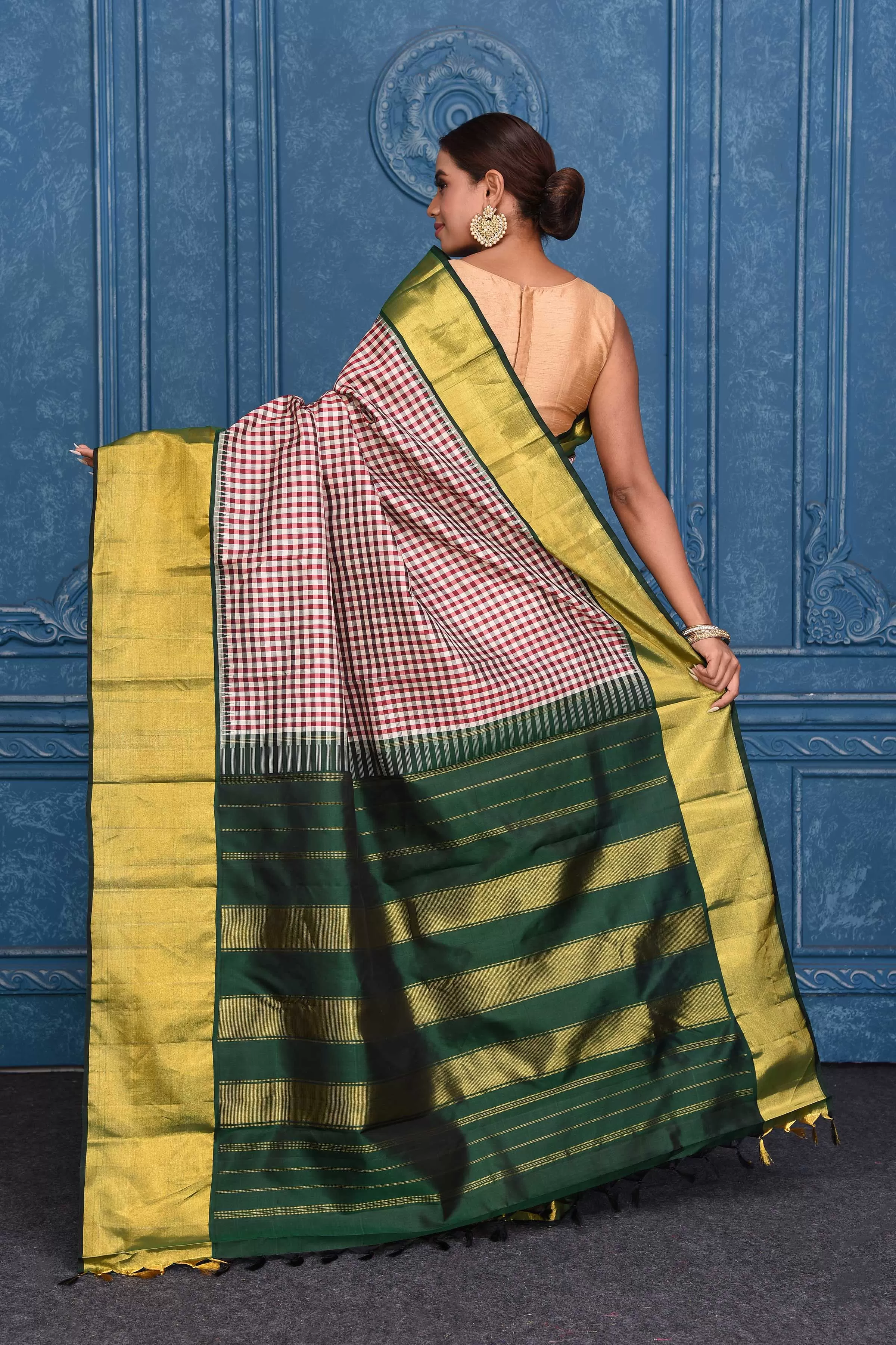 91A132 Cream and Red Check Kanjivaram Sari with Zari Border