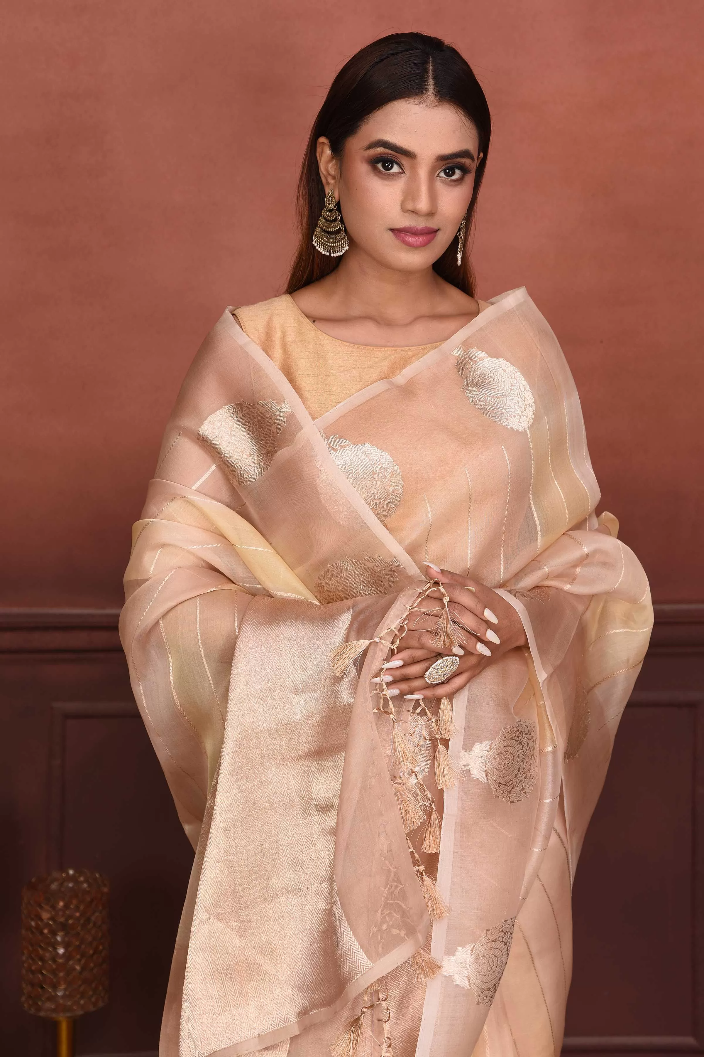 91A141 Cream Zari Stripes Organza Banarasi Saree with Zari Buta