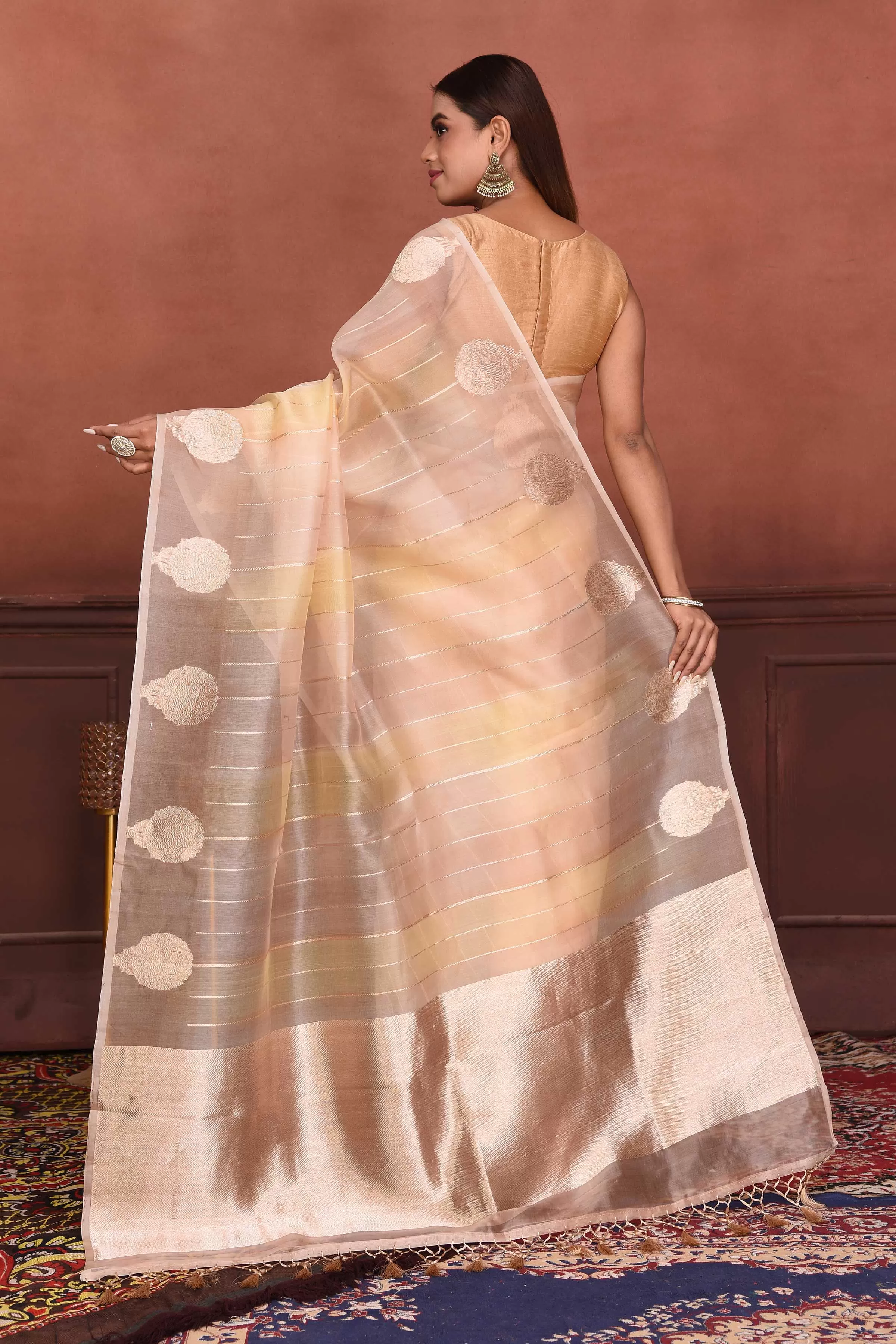 91A141 Cream Zari Stripes Organza Banarasi Saree with Zari Buta