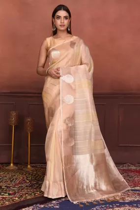 91A141 Cream Zari Stripes Organza Banarasi Saree with Zari Buta