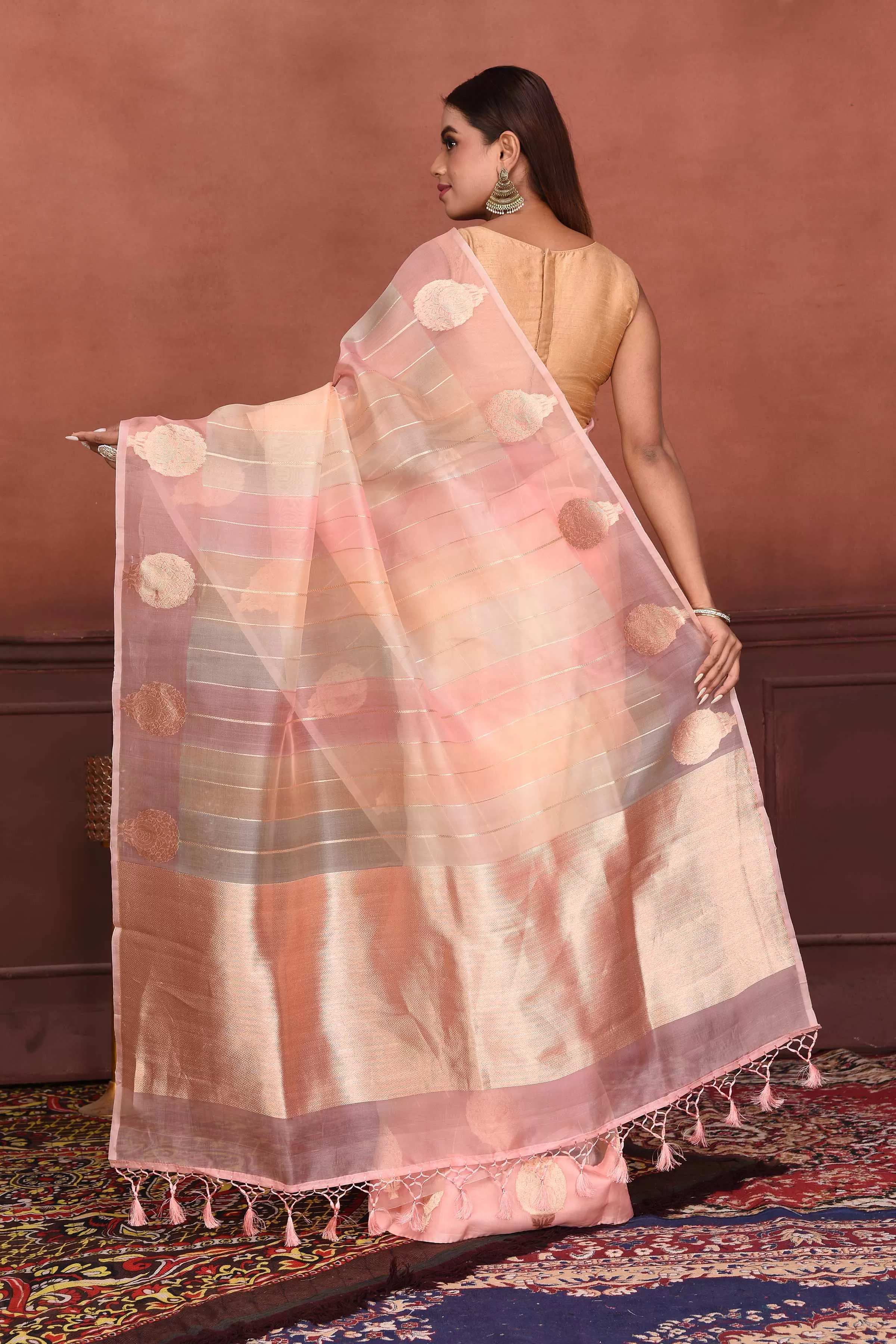 91A143 Pink Zari Stripes Organza Banarasi Saree with Zari Buta