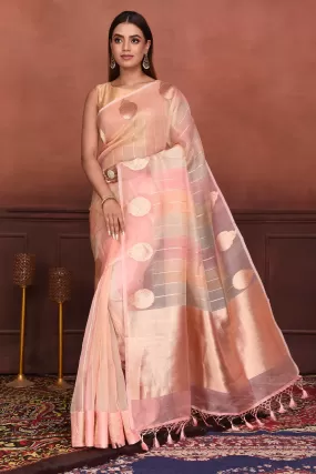 91A143 Pink Zari Stripes Organza Banarasi Saree with Zari Buta