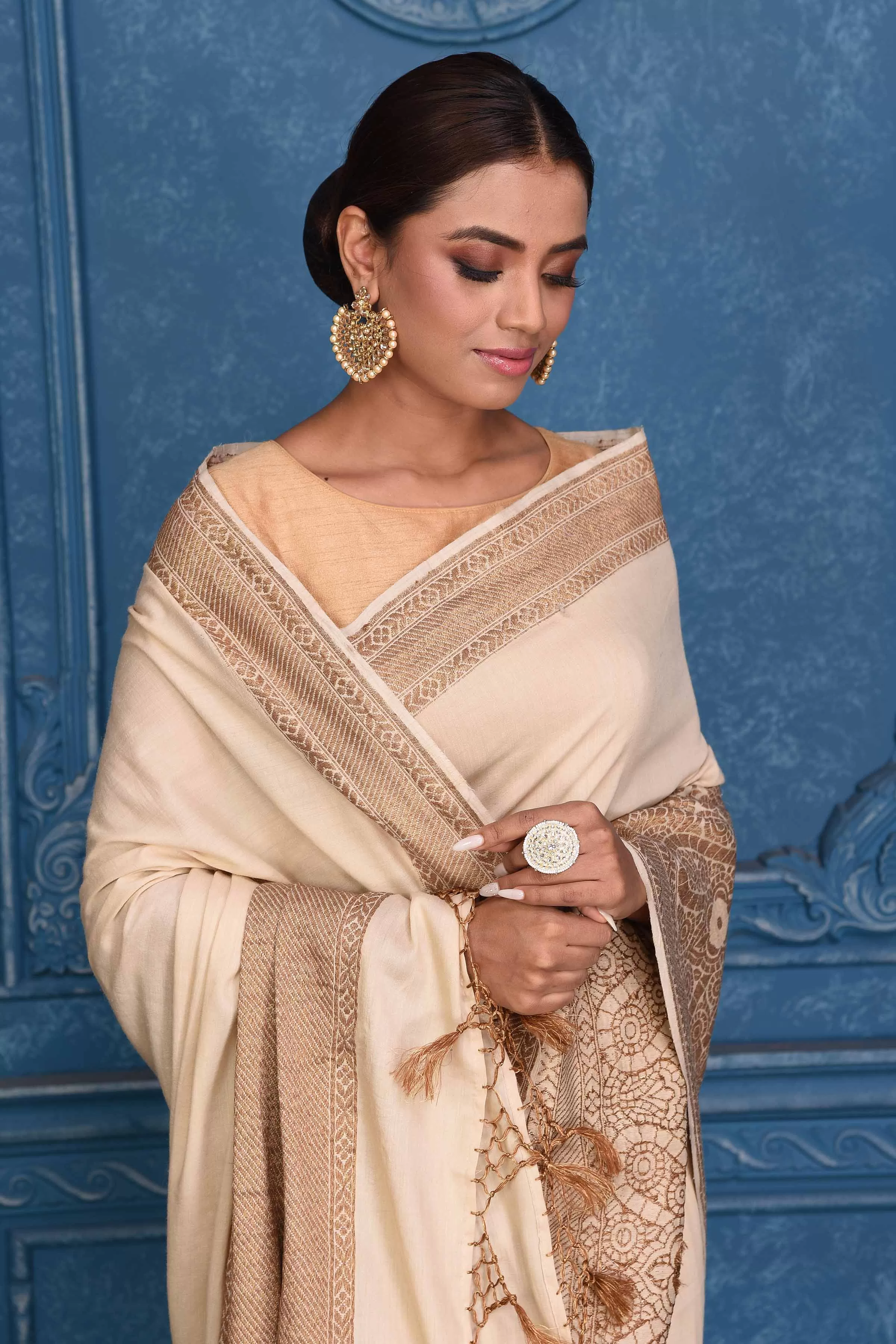 91A198 Cream Muga Banarasi Saree with Antique Zari Border