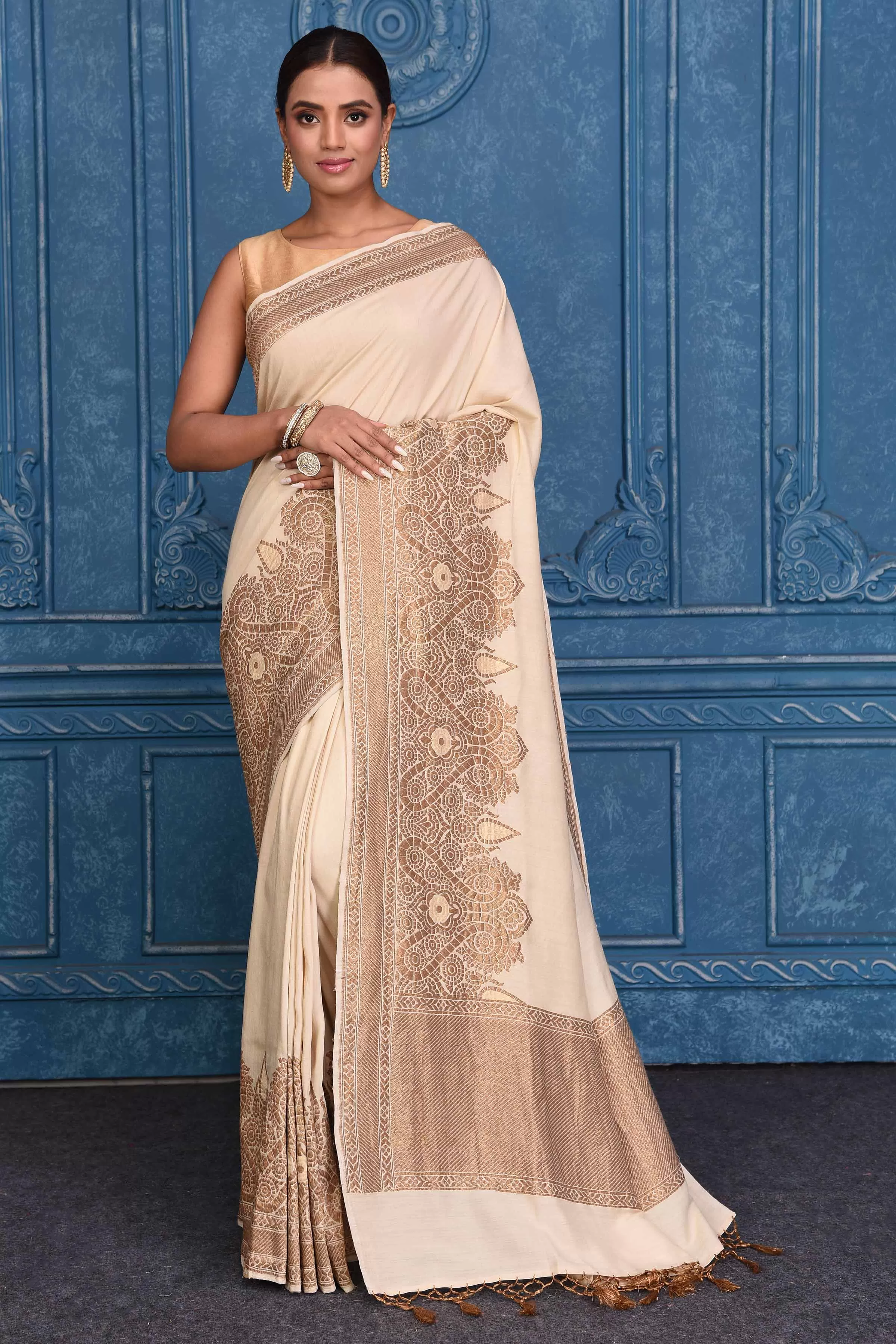 91A198 Cream Muga Banarasi Saree with Antique Zari Border