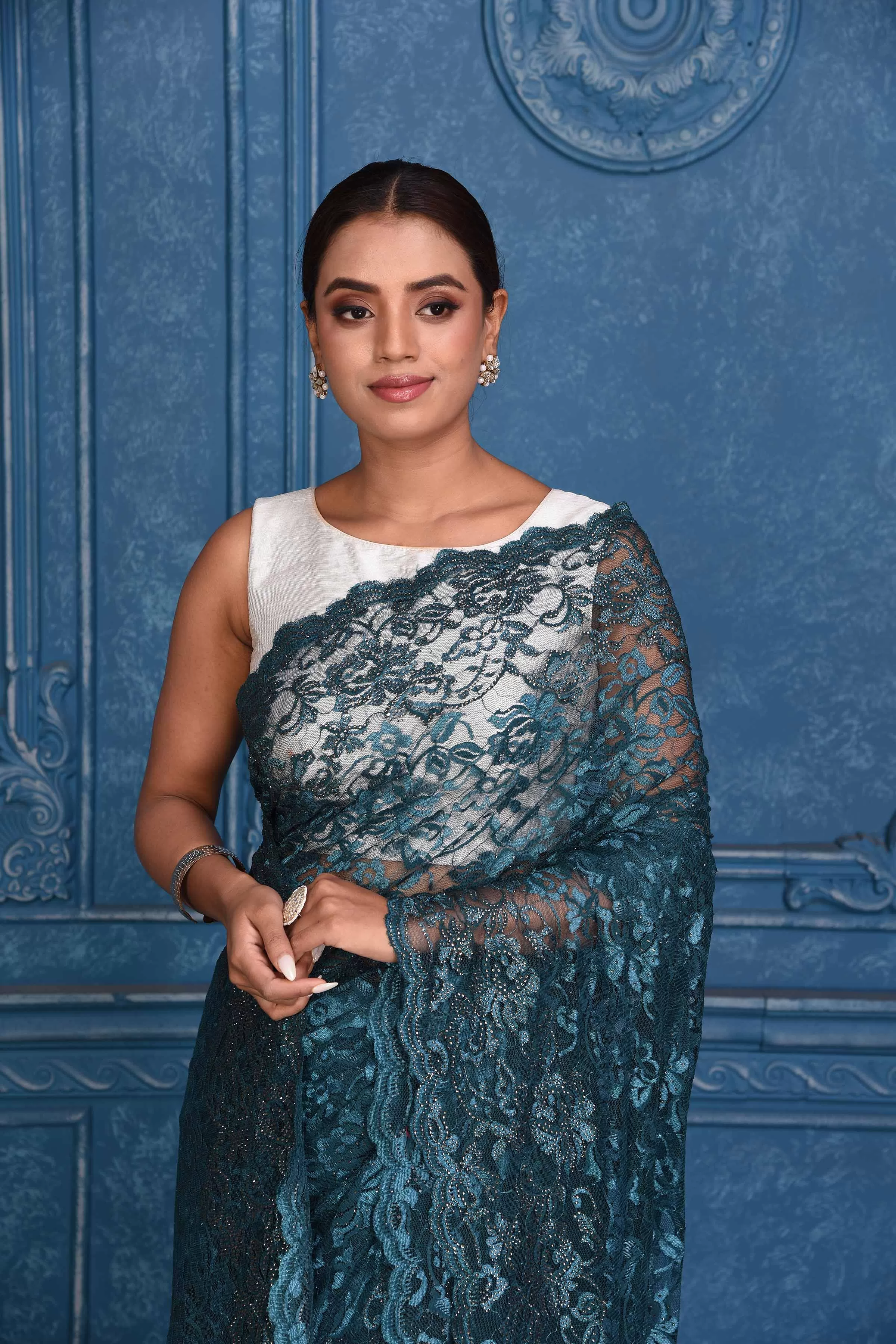 91A205 Teal Designer Lace Saree