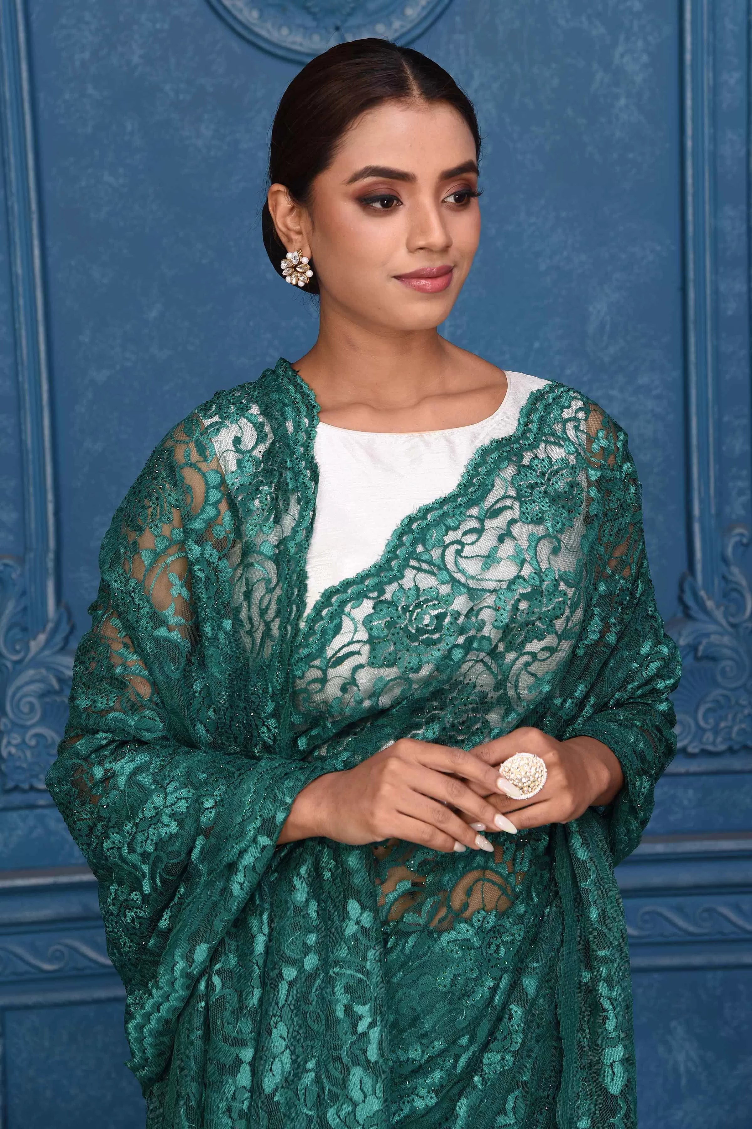 91A211 Dark Green Lace Saree