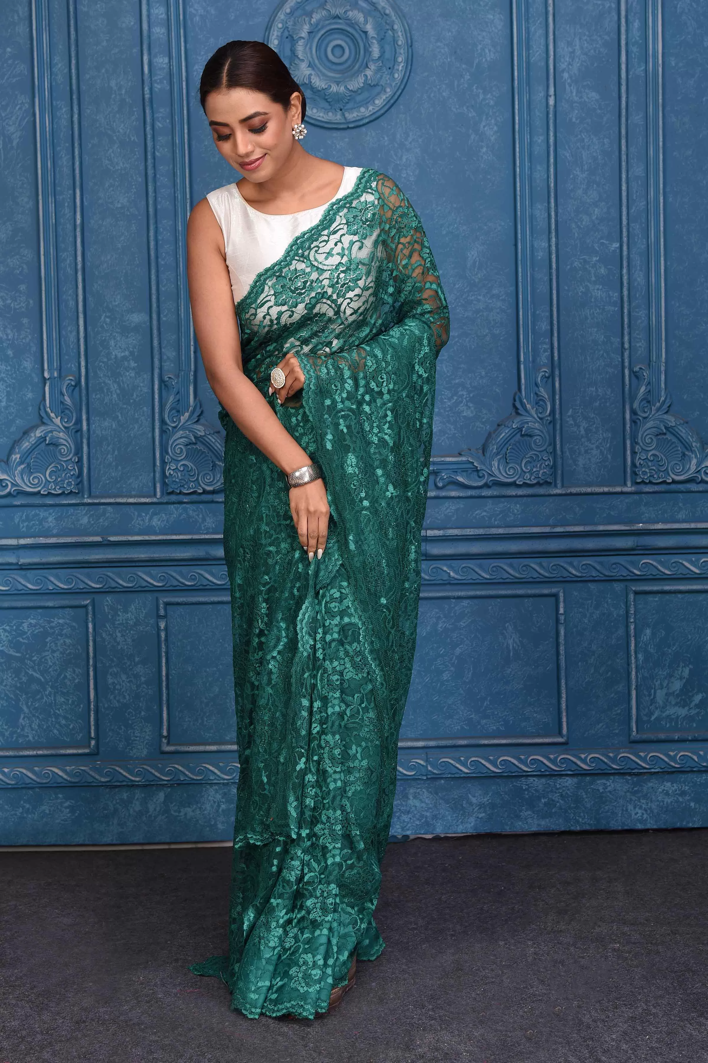 91A211 Dark Green Lace Saree