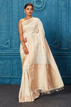 91A219 Cream Banarasi Saree with Zari Buta and Border