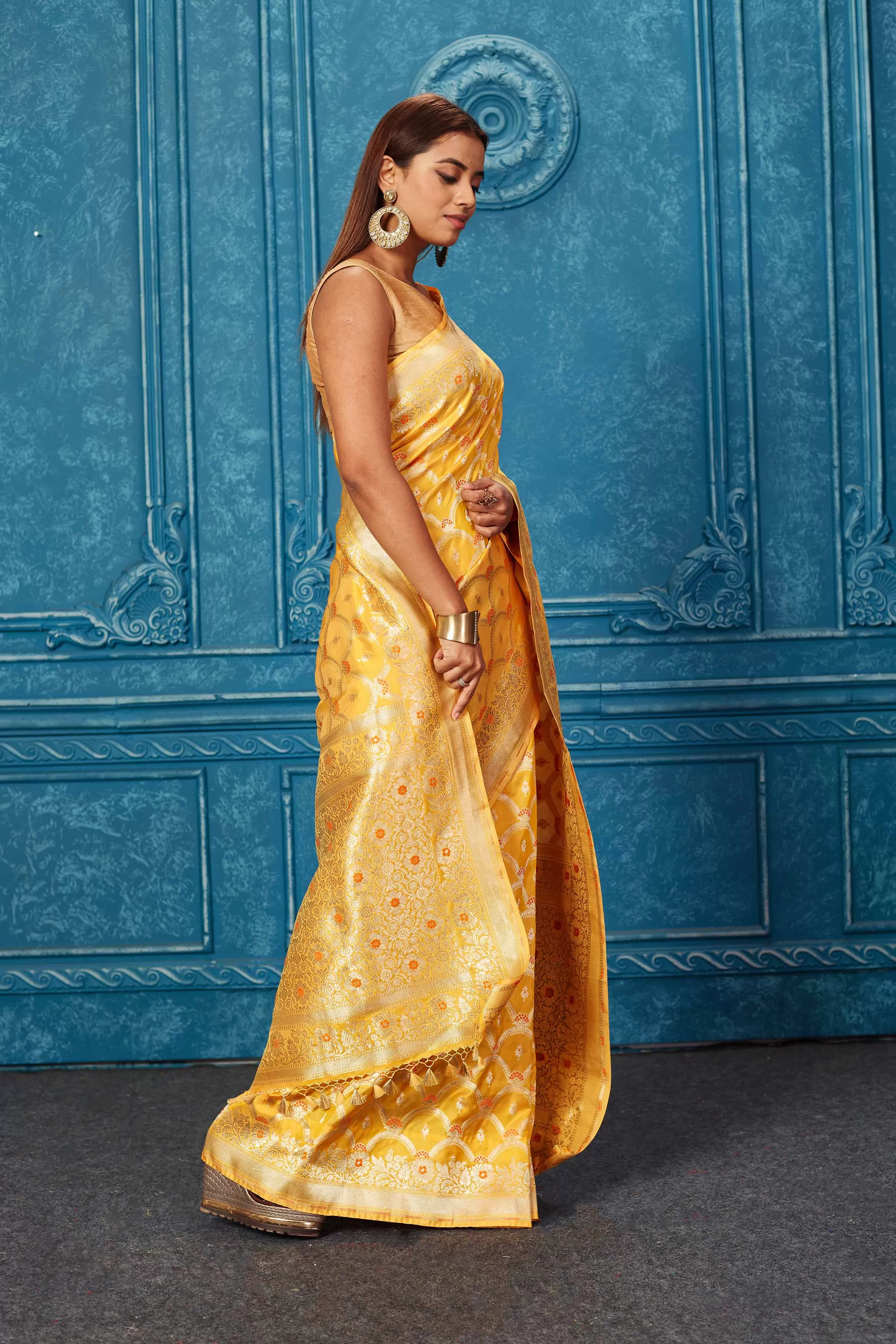 91A224 Mango Yellow Banarasi Saree with Zari Jaal