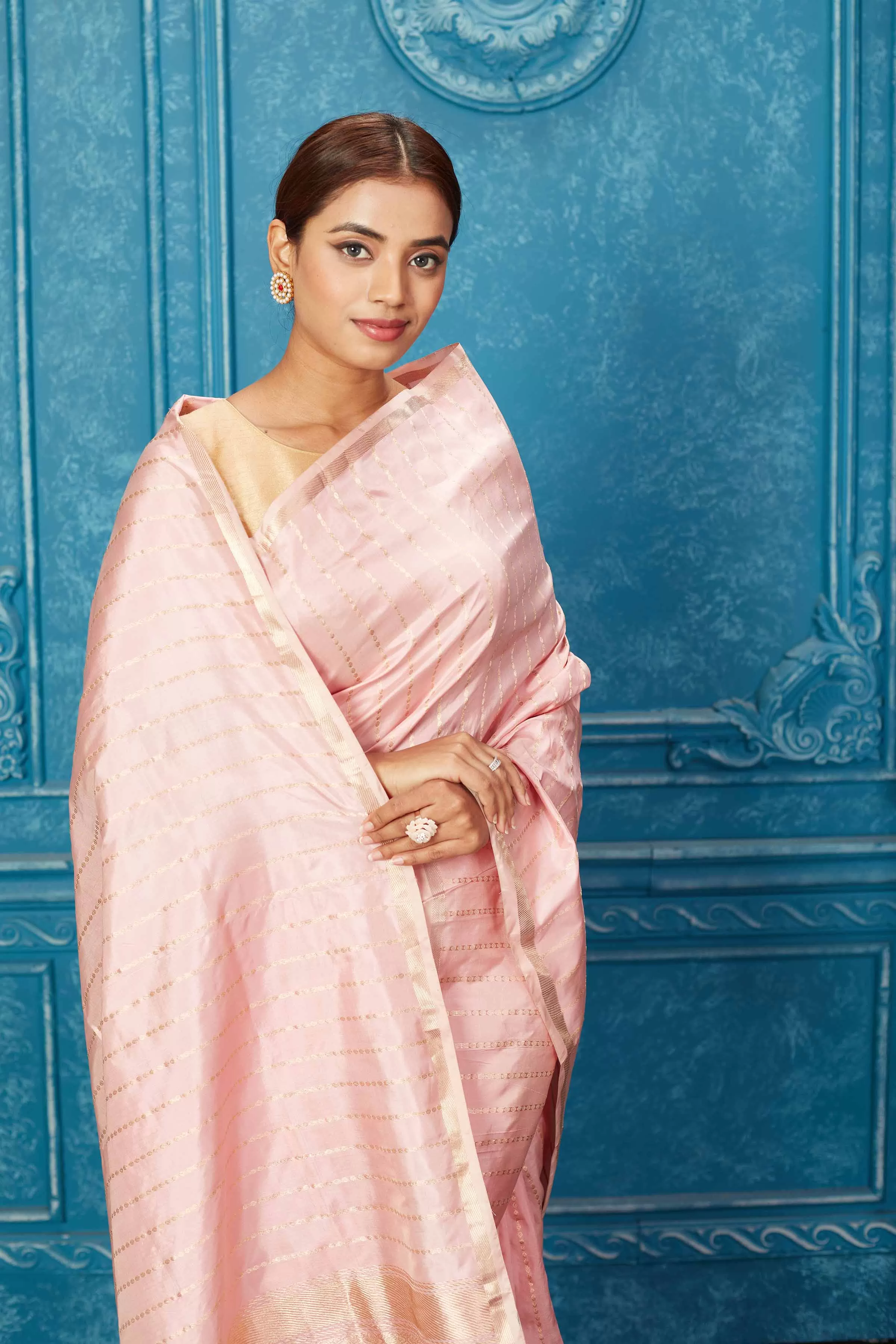 91A261 Powder Pink Banarasi Silk Saree with Zari Stripes