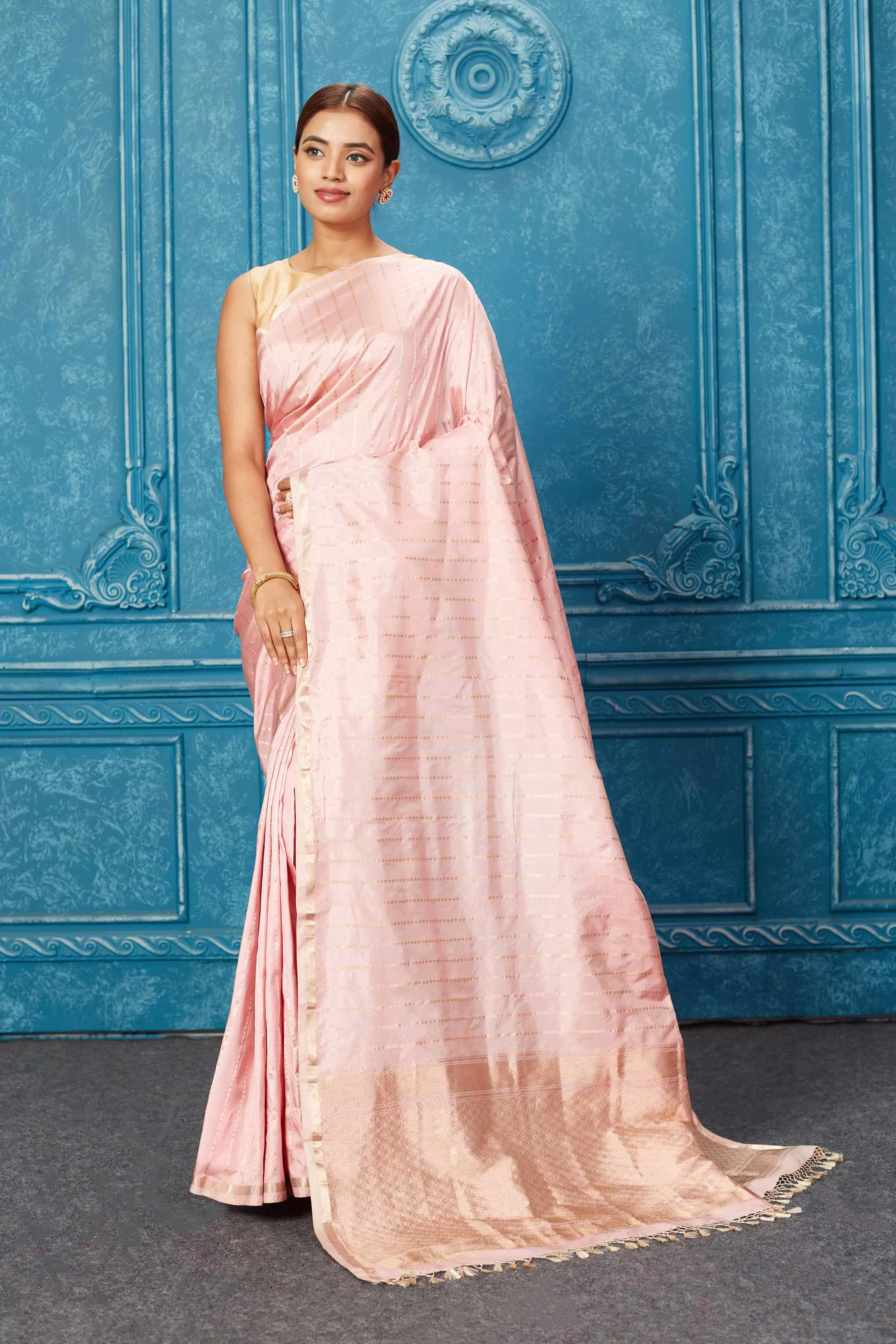 91A261 Powder Pink Banarasi Silk Saree with Zari Stripes