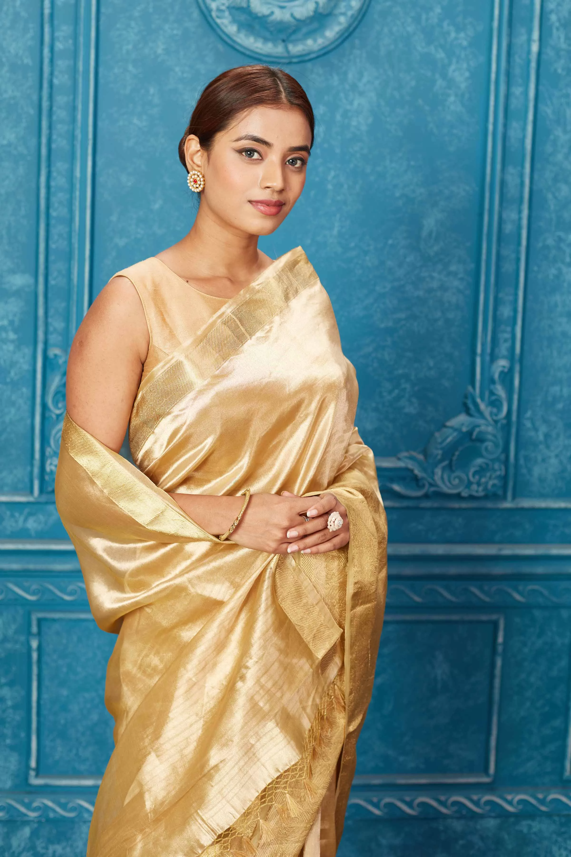 91A269 Golden Banarasi Tissue Zari Saree with Golden Border